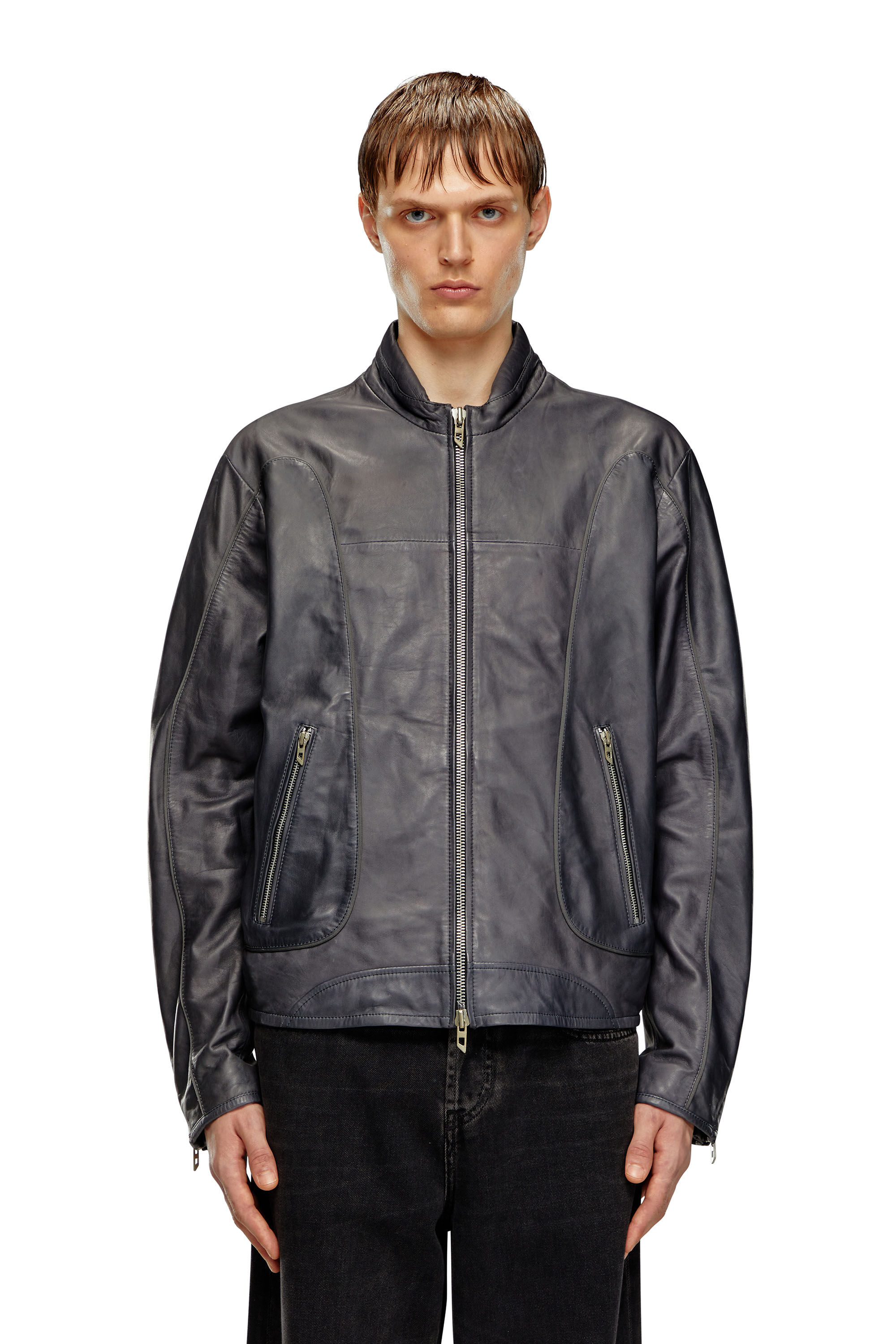 Men's Leather biker jacket with piping | Black | Diesel