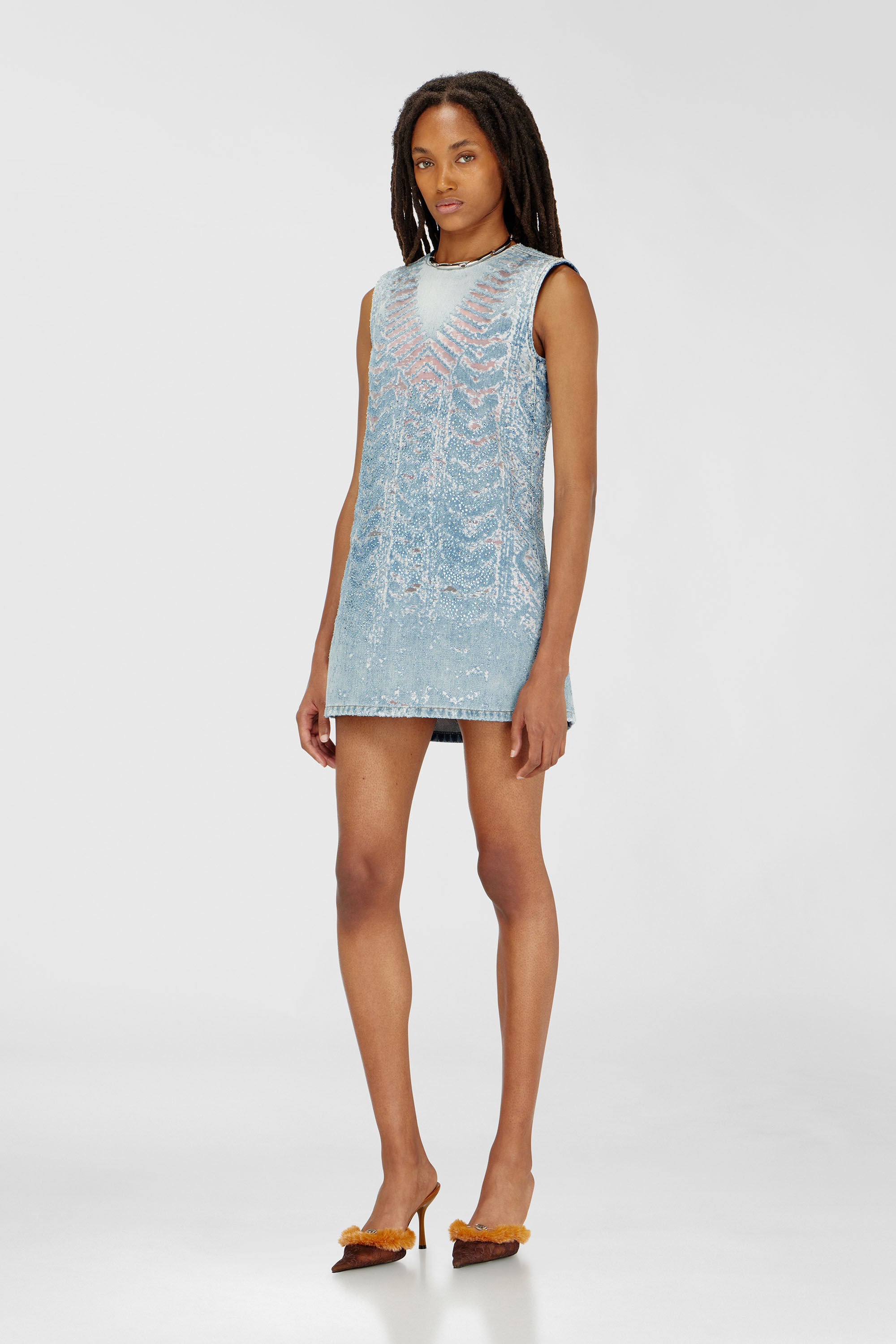 Diesel - DE-MYRELA-S, Vestido mini de denim microstone devor&eacute; Mujer in Azul marino - 3