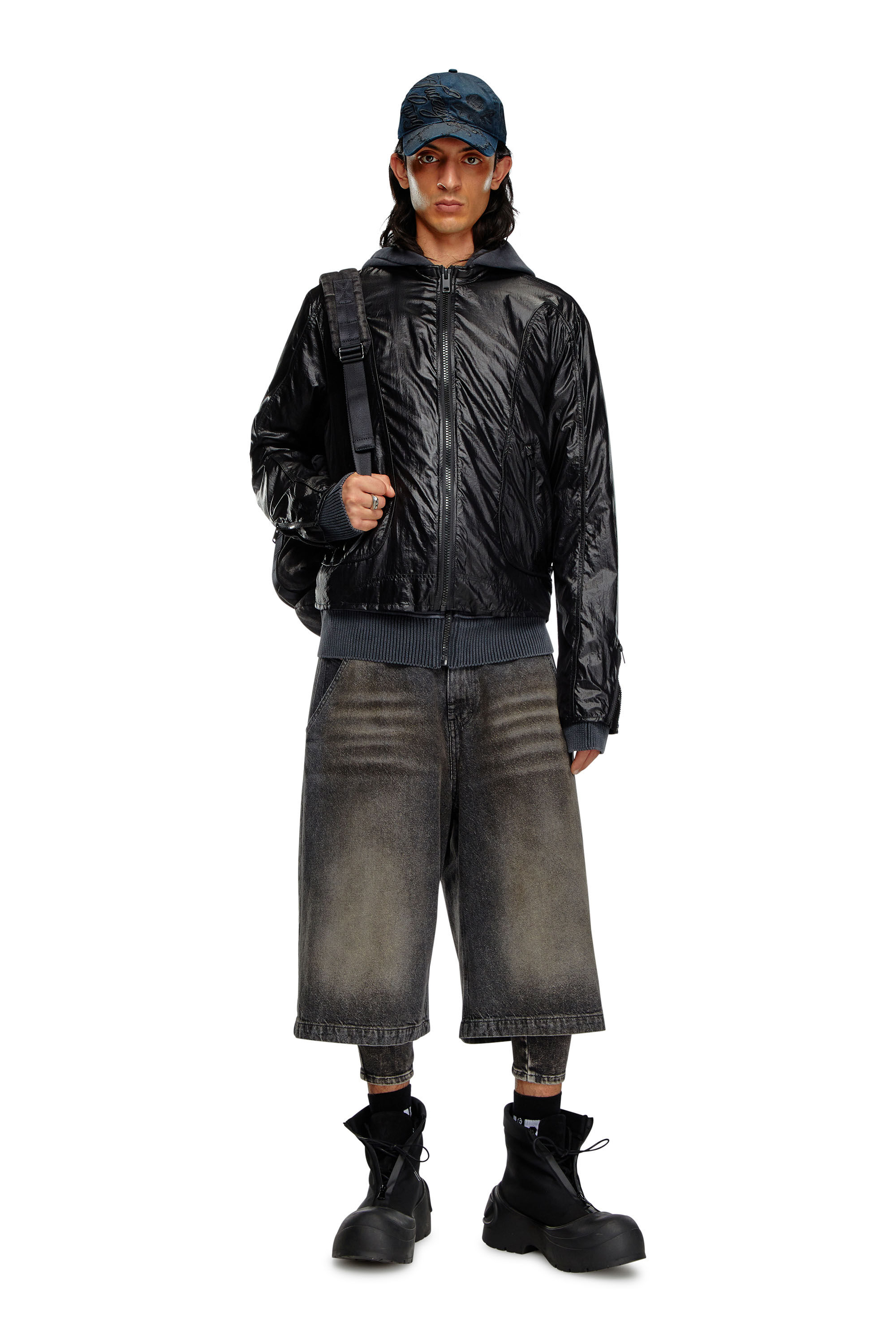 Diesel - J-CLAYS, Man Biker jacket in shiny ripstop in Black - Image 1
