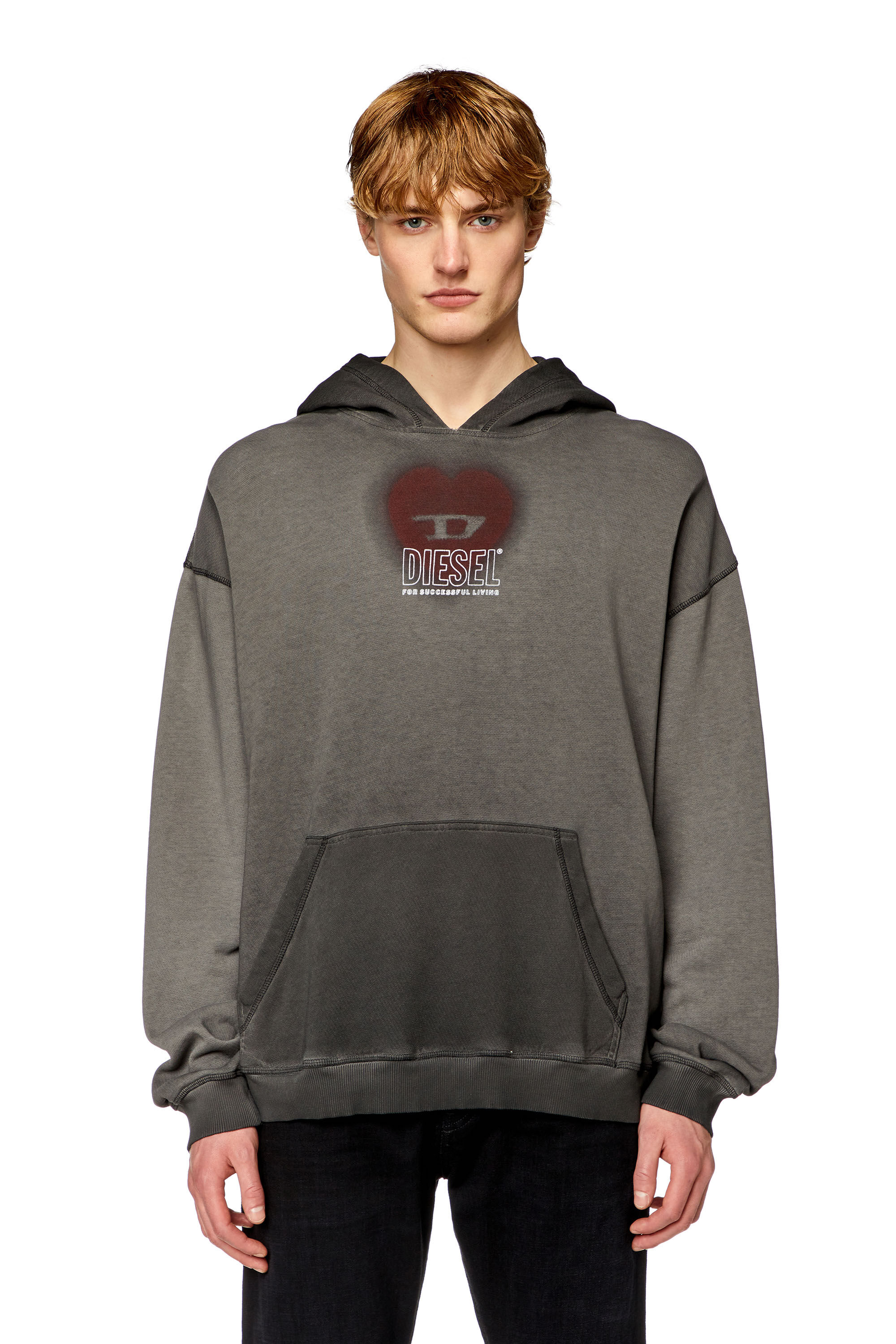 Diesel - S-BOXT-HOOD-N10, Sudadera con capucha desteñida con estampado de corazón Hombre in Negro - 2