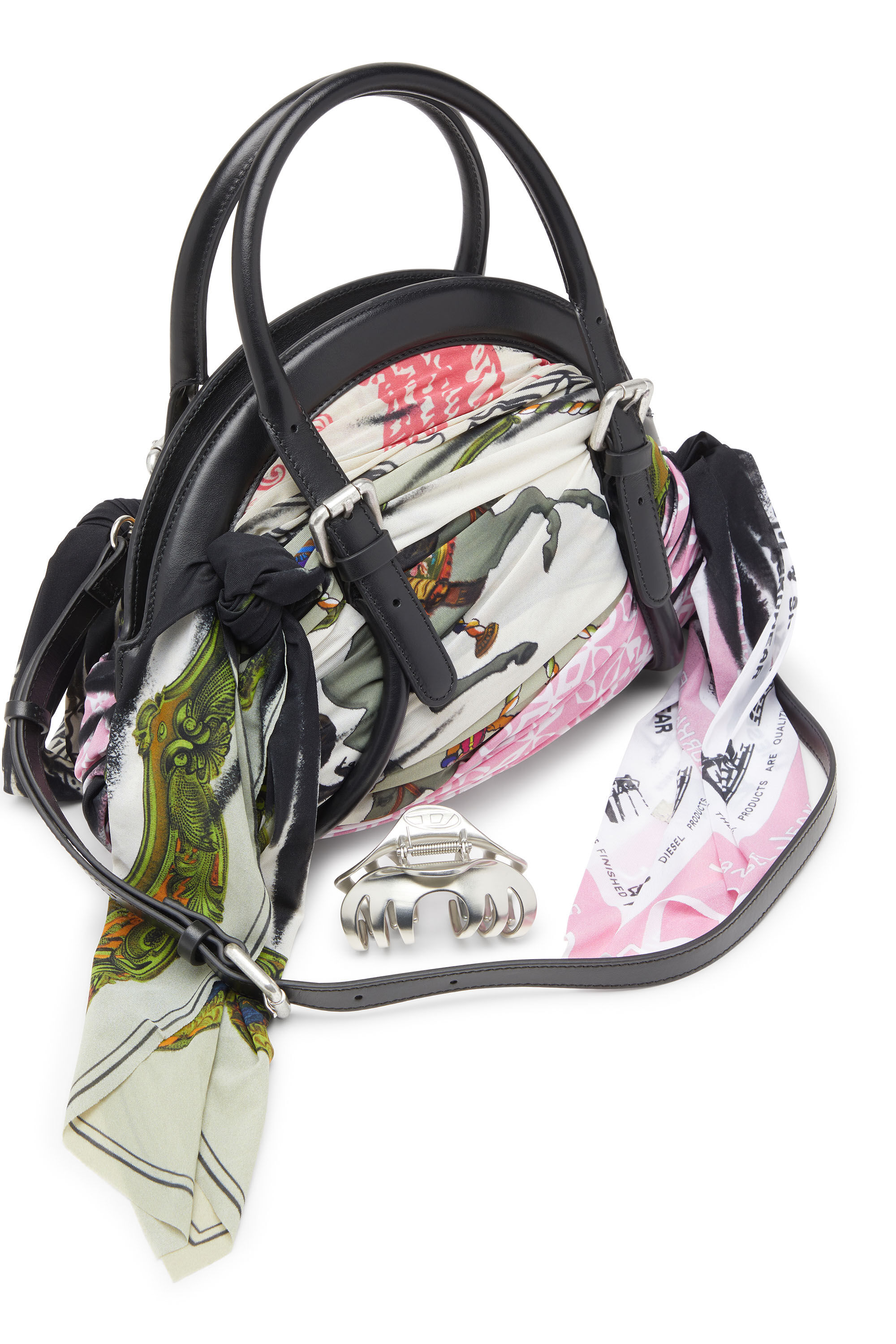 Diesel - TRASH-D TOP HANDLE, Trash-D-Bolso de mano de bandana en cuero y tejido de jersey Mujer in Multicolor - 2