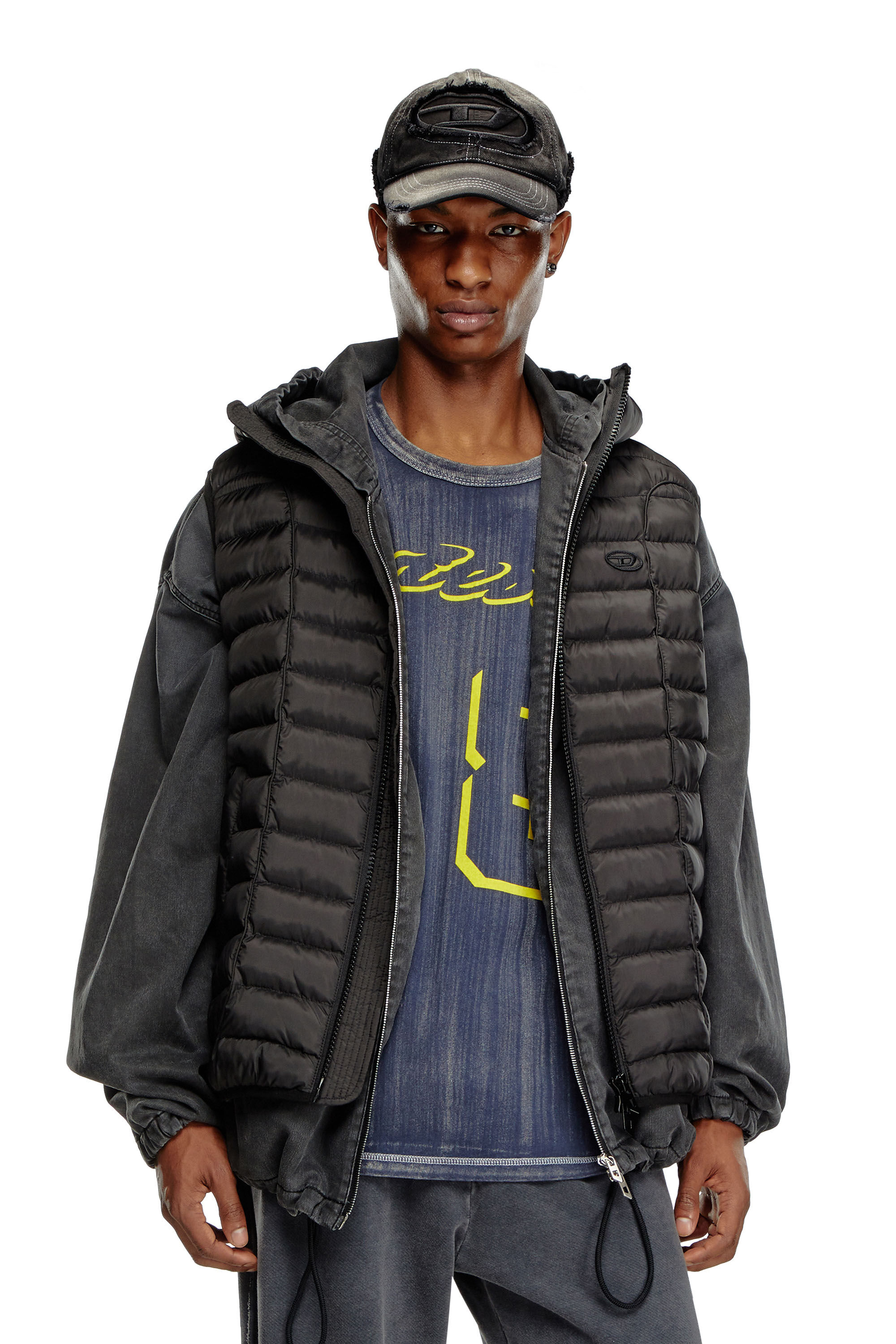 Chaleco puffer con capucha en nailon ligero Hombre Negro Diesel