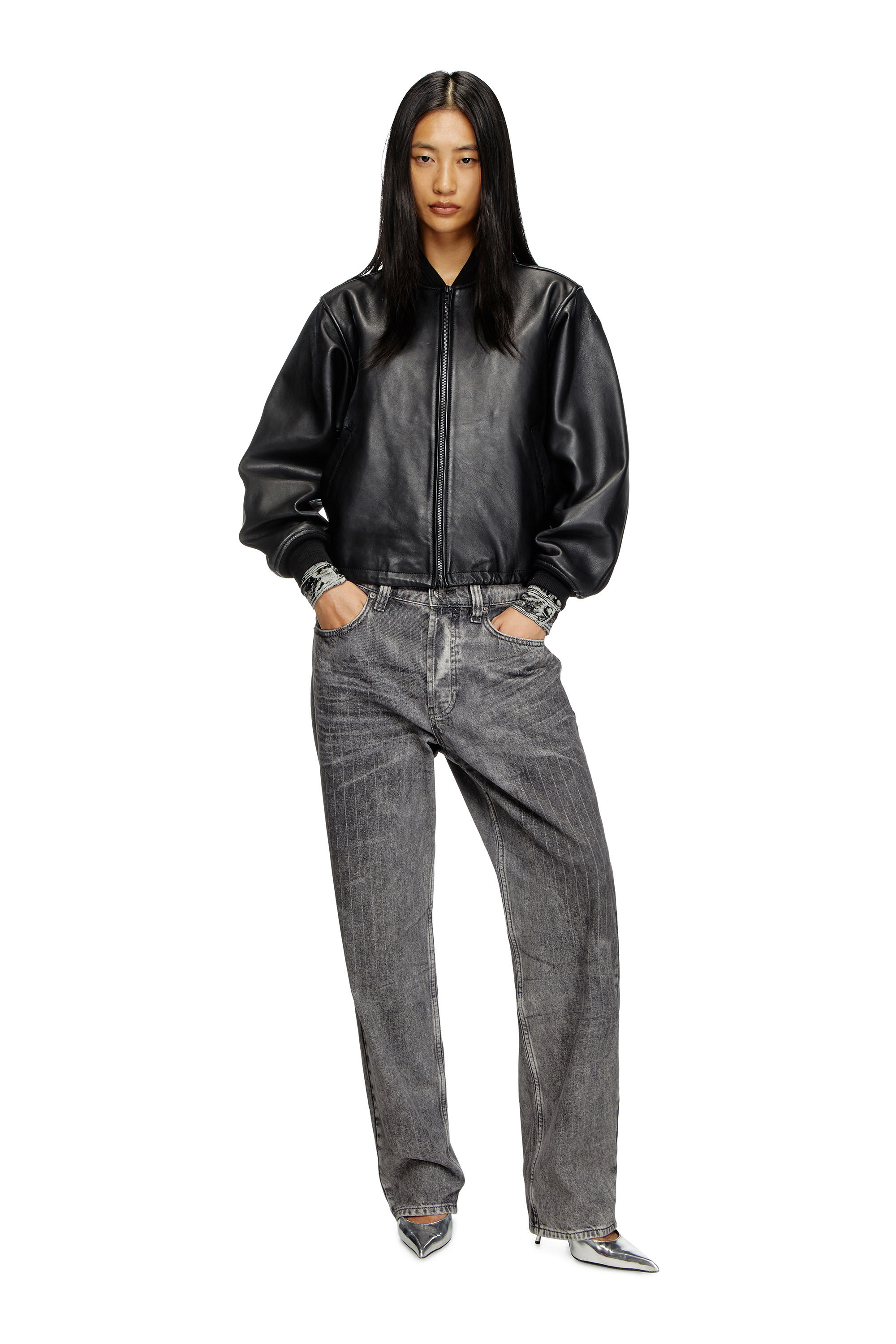 Diesel - L-ILYAN, Chaqueta bomber de cuero Mujer in Negro - 1