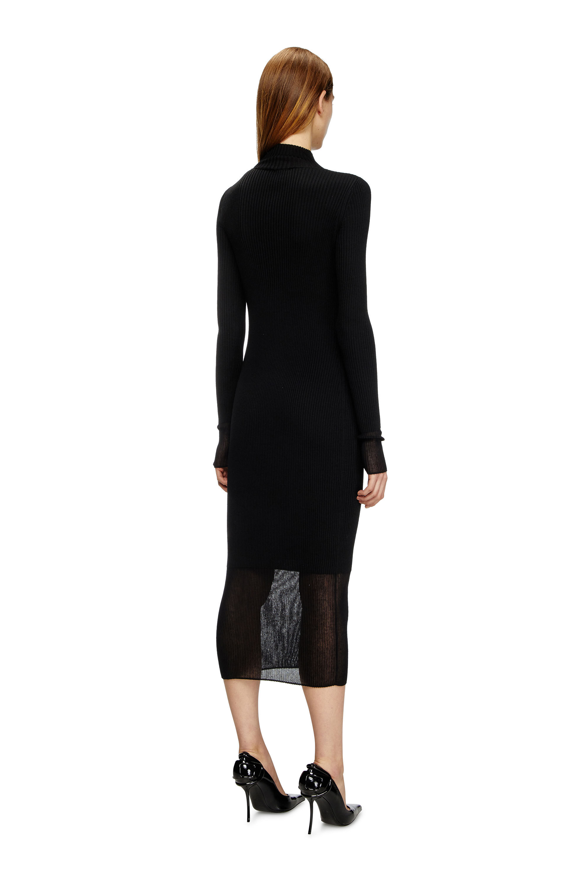 Diesel - M-SLINT, Vestido midi tejido en canalé con paneles transparentes Mujer in Negro - 4