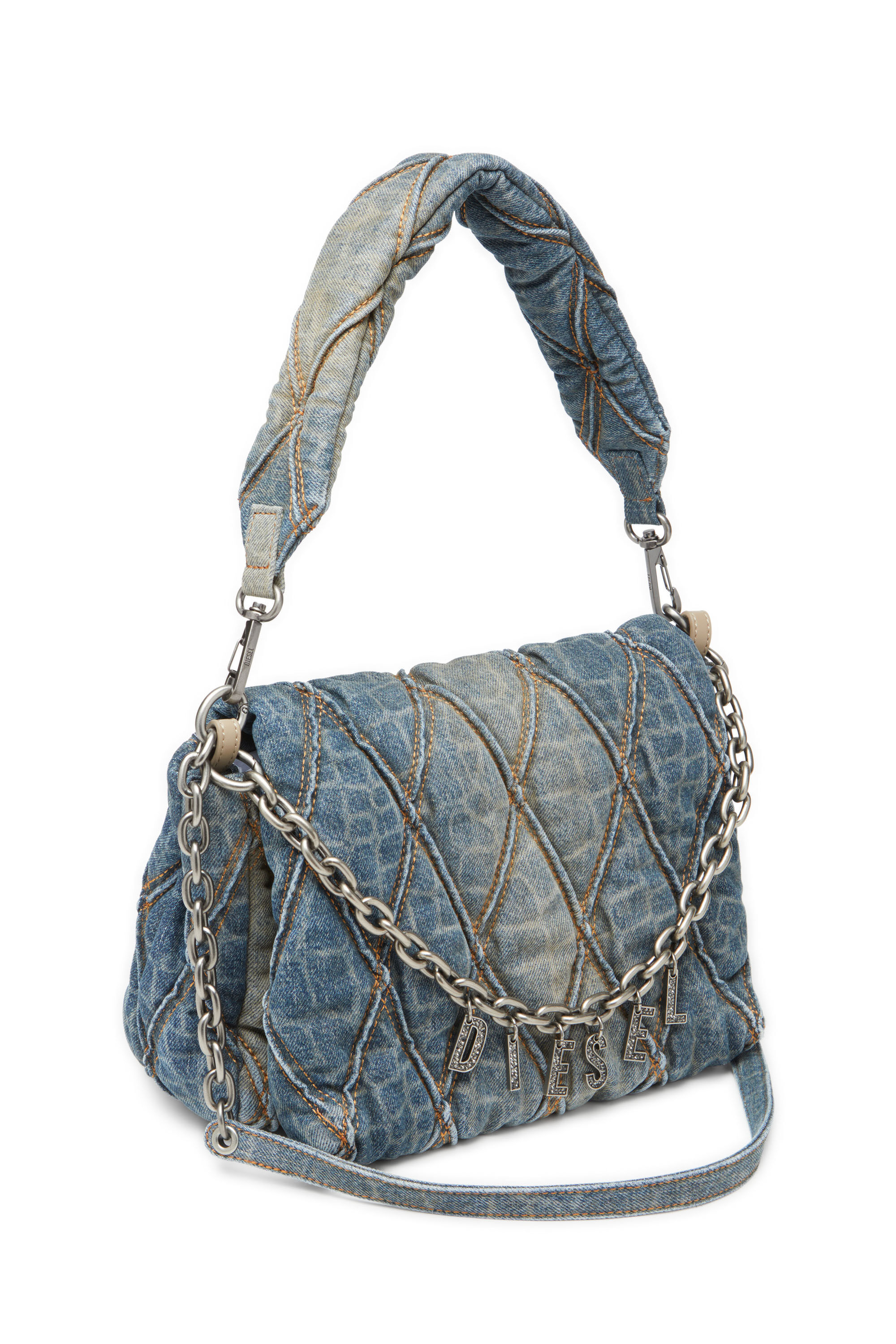 Diesel - CNY CHARM-D SHOULDER M, Bolso de hombro de denim acolchado con estampado de serpiente Mujer in Azul marino - 2