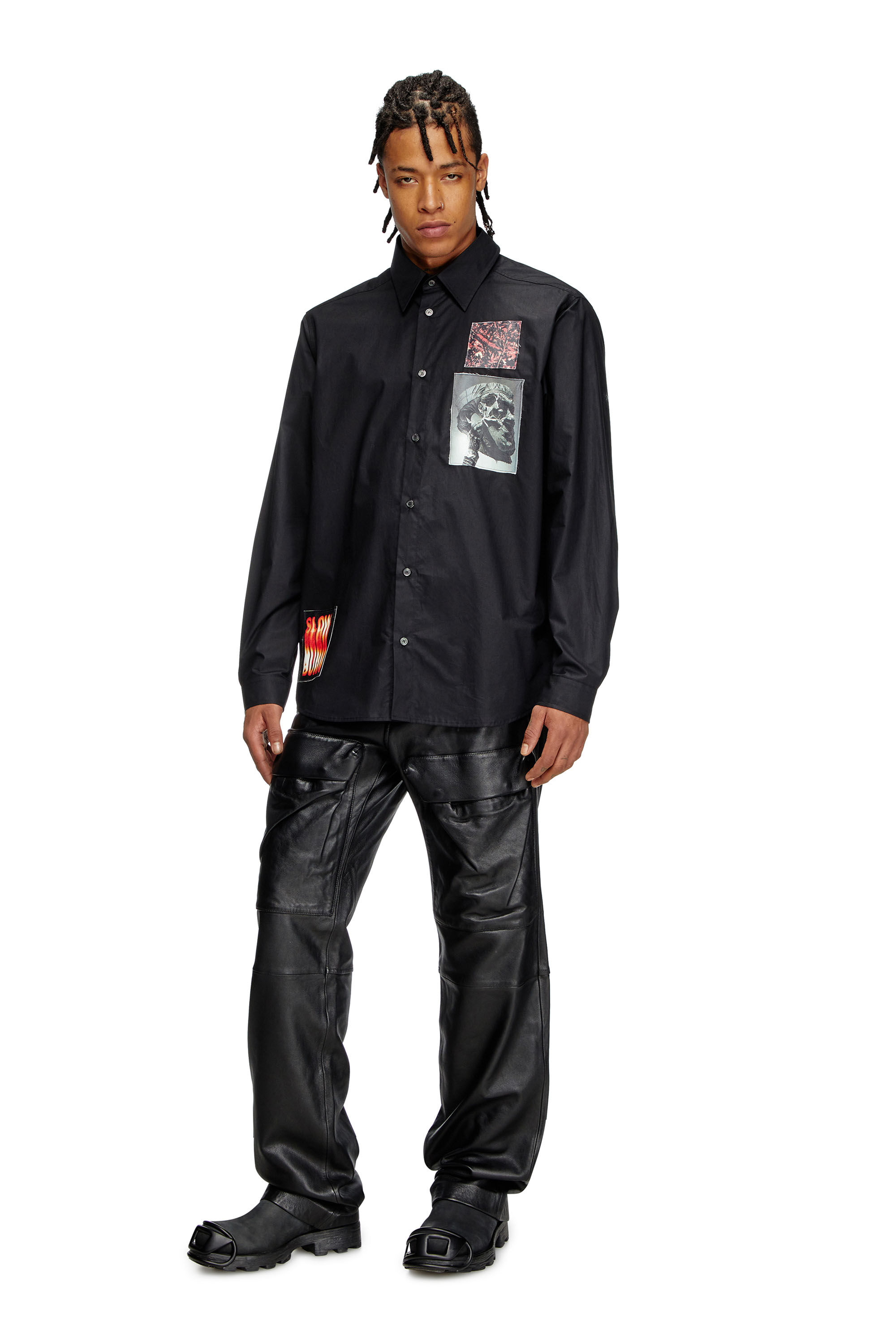 Diesel - S-HARVEY, Camisa de popelina de algodón con parches Hombre in Negro - 1