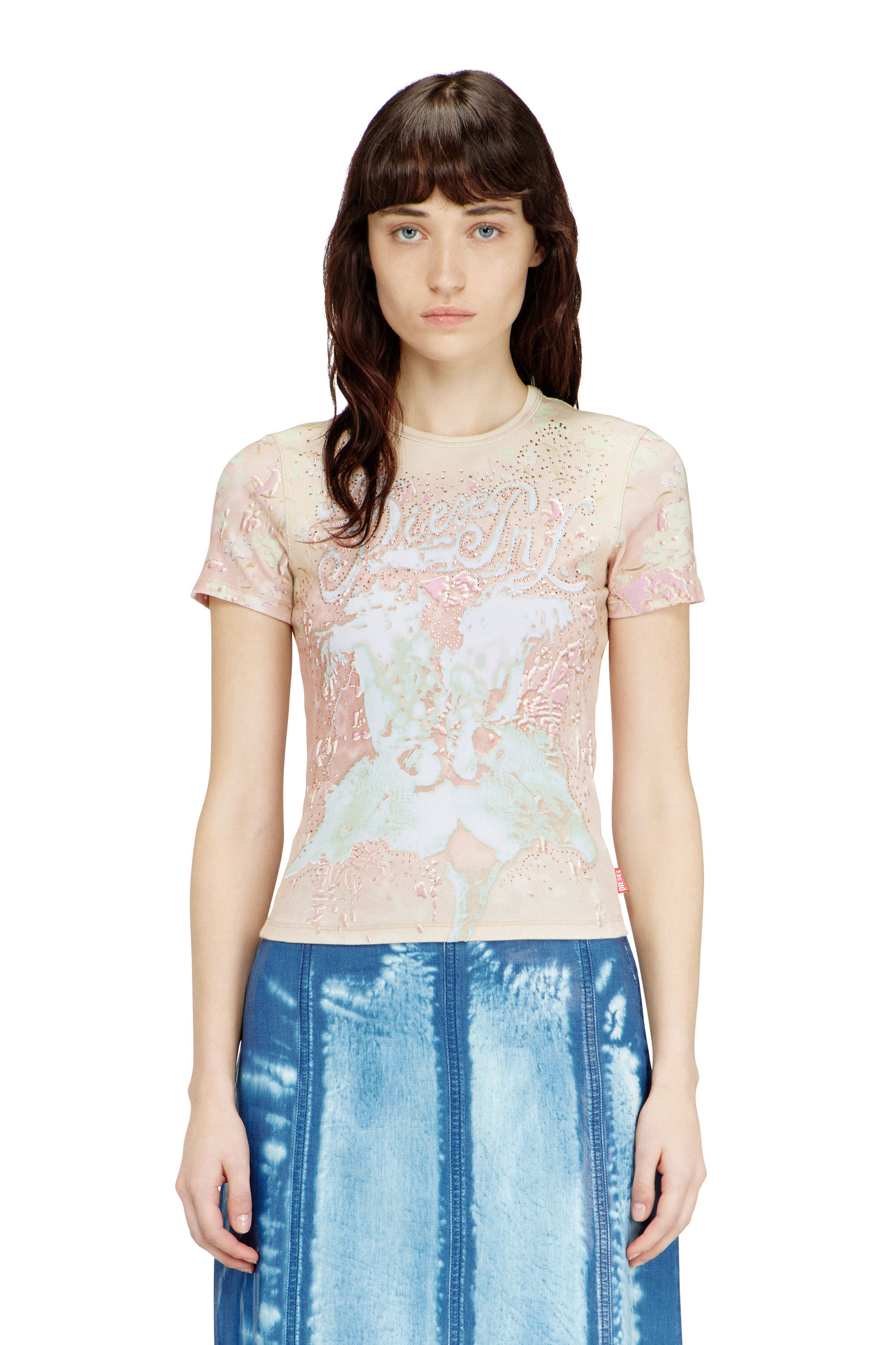 Diesel - T-BRIL, Top con estampado animalier y cristales Mujer in Rosa - 3