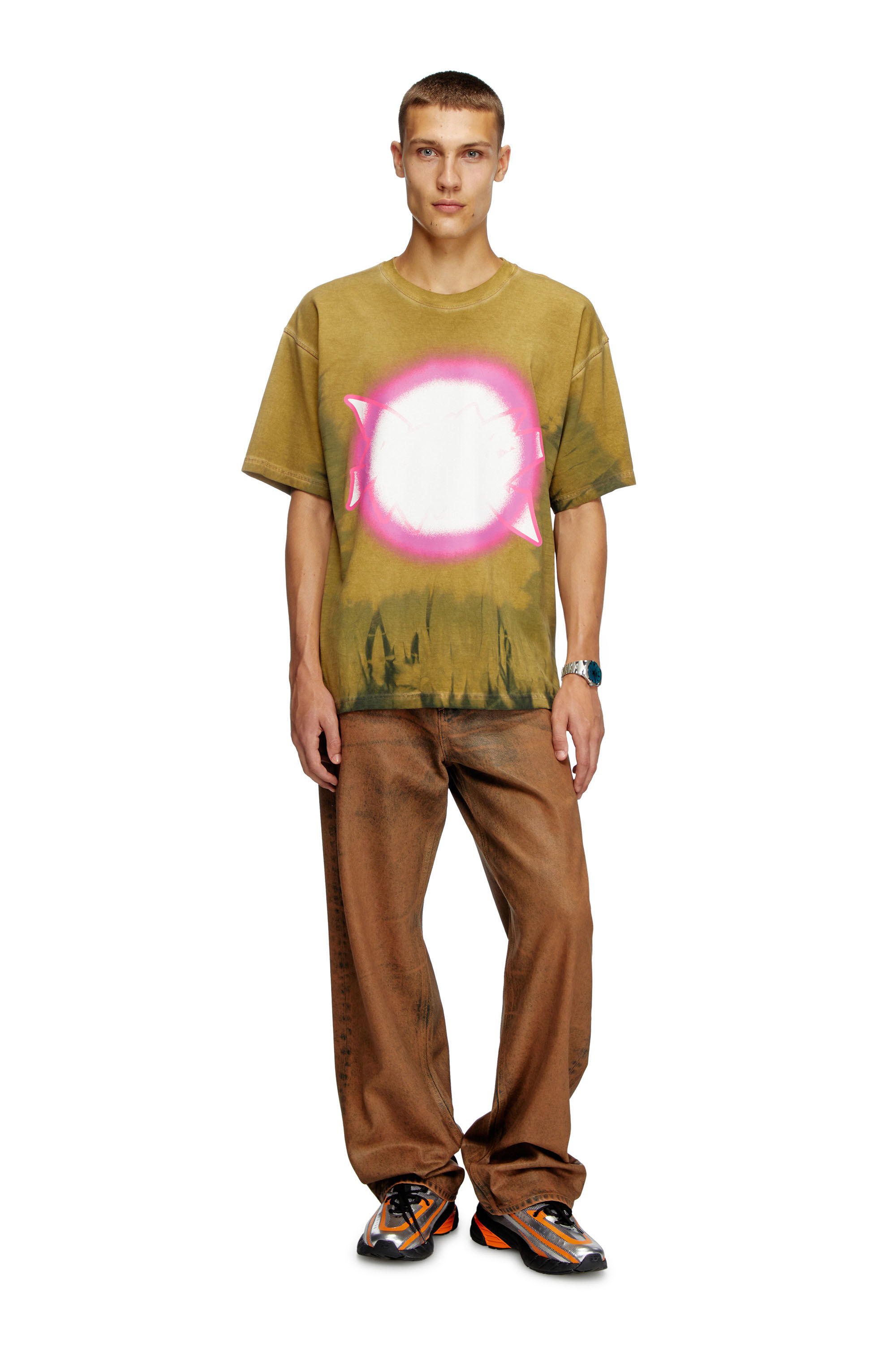 Diesel - T-BOXT-R24, Camiseta teñida con la técnica de tie-dye con estampado de foco luminoso Hombre in Marrón - 1