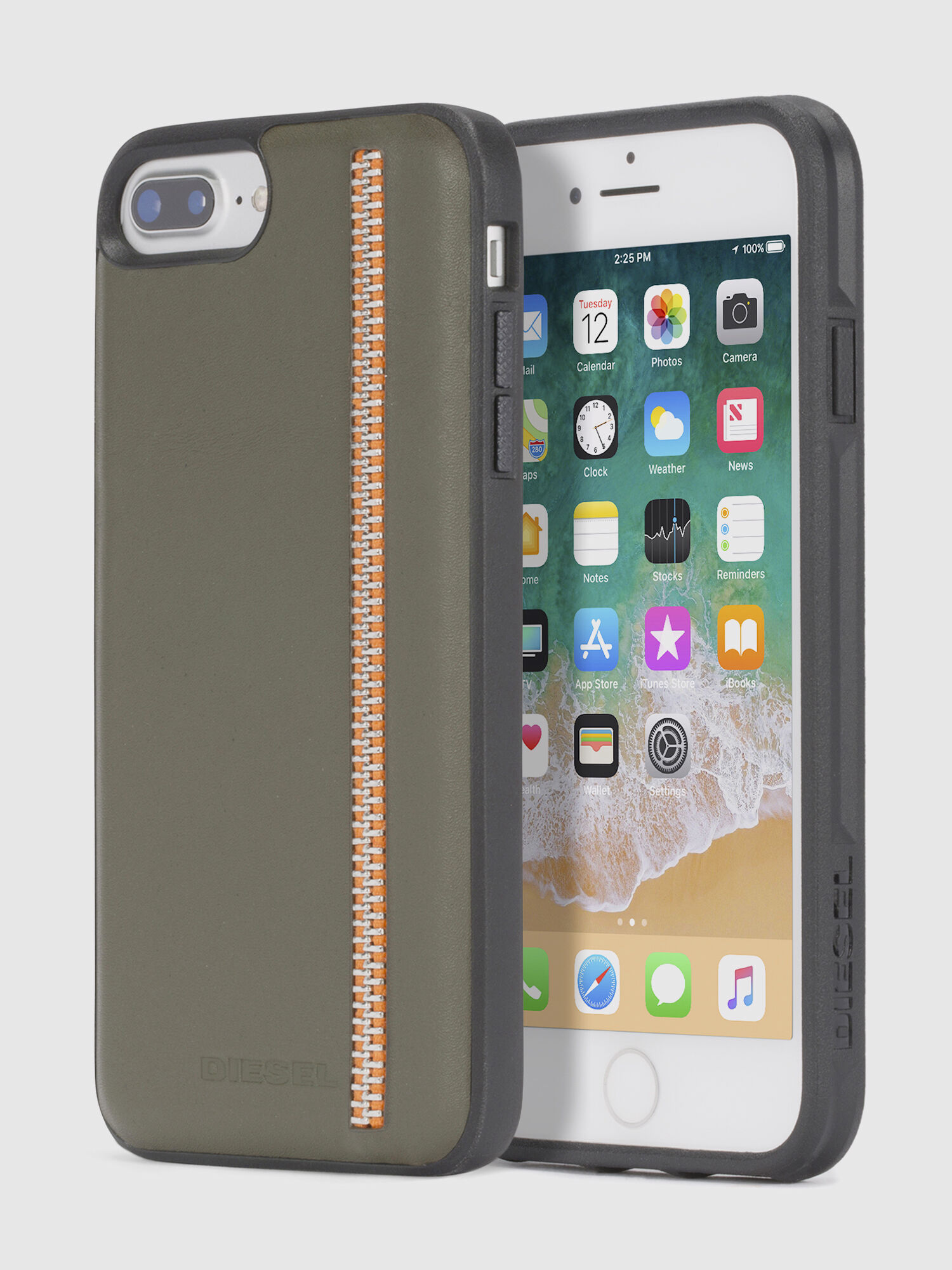 Diesel - ZIP OLIVE LEATHER IPHONE 8 PLUS/7 PLUS/6s PLUS/6 PLUS CASE, Funda en piel verde oliva con cremallera para iPhone 8 Plus/7 Plus/6s Plus/6 Plus Unisex in Verde - 1