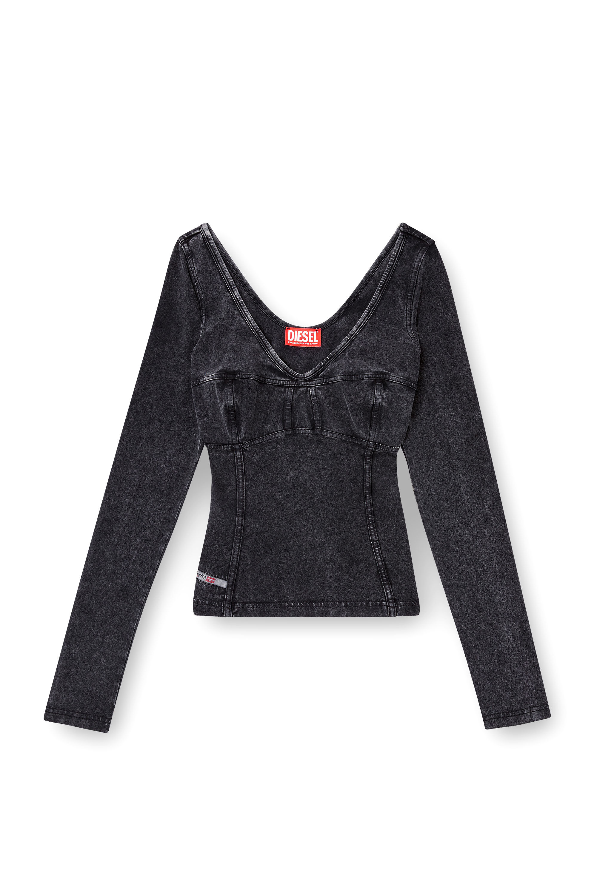 Diesel - T-ELIN, Camiseta de manga larga con efecto denim Mujer in Negro - 2