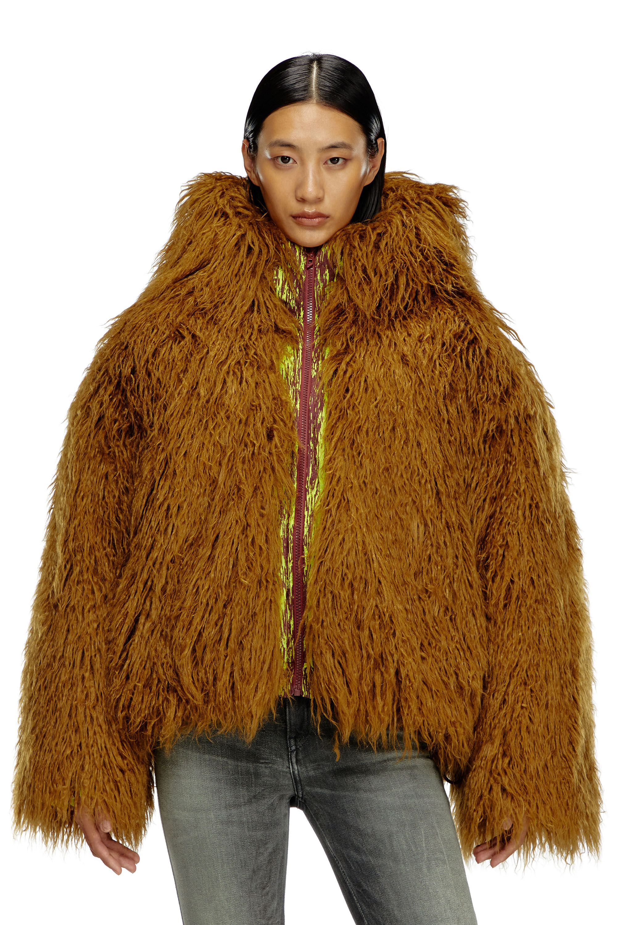 Diesel - W-ASABI, Woman's Reversible devoré and shaggy hair jacket in Brown - 3