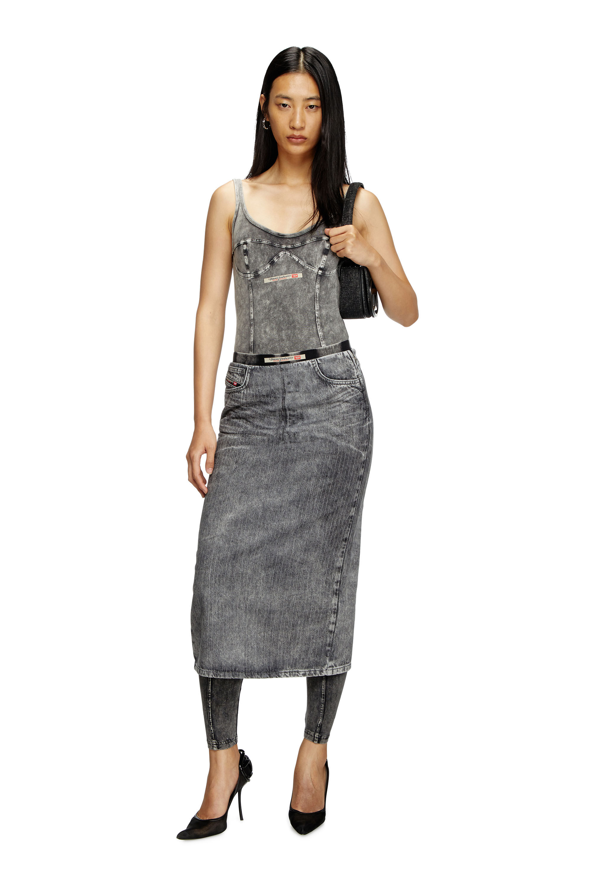 Diesel - DE-PRA-S4, Falda midi de denim a rayas finas Mujer in Gris - 1
