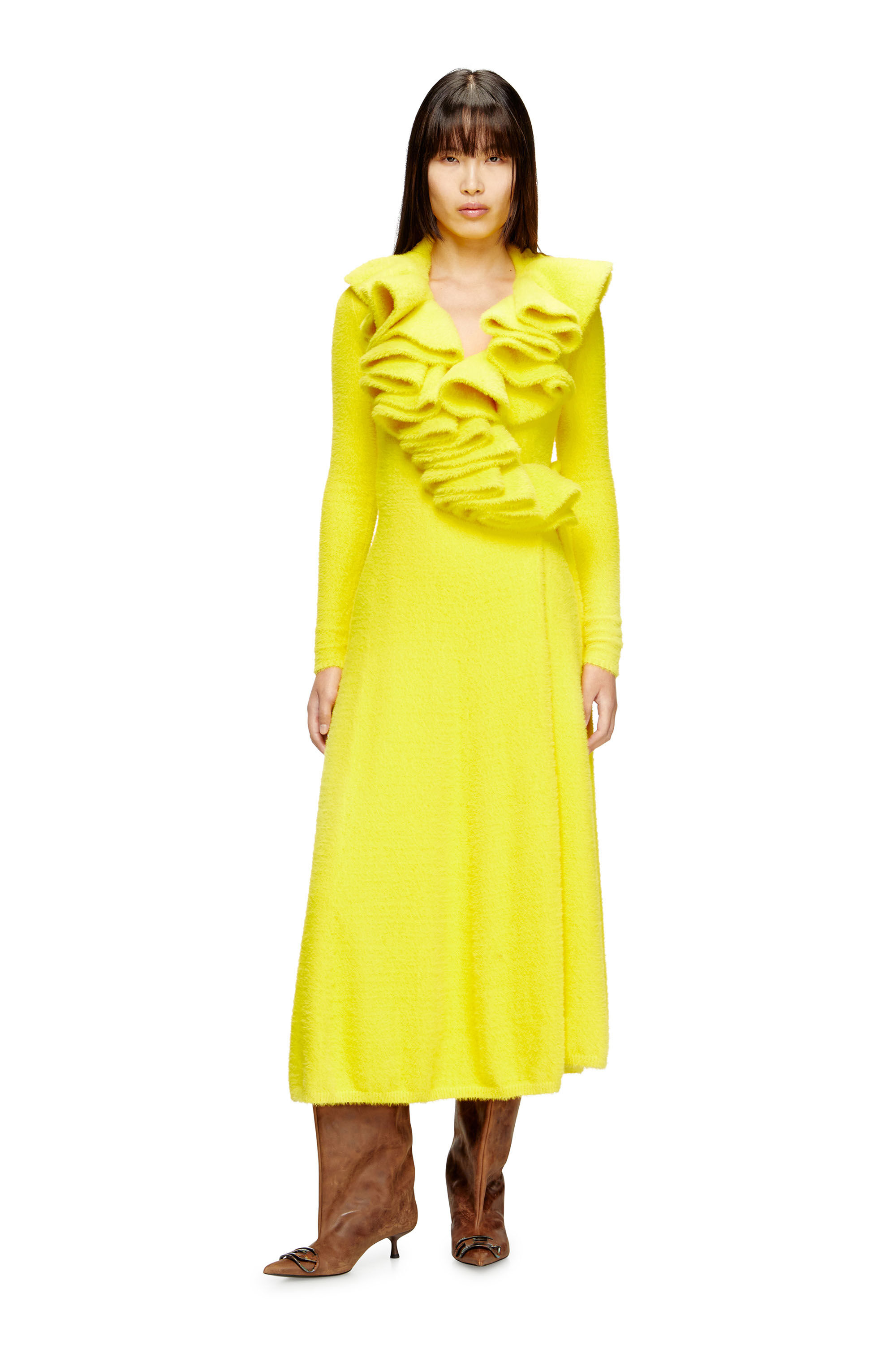 Diesel - M-INGELINA, Vestido midi esponjoso con cuello ondulado Mujer in Amarillo - 1