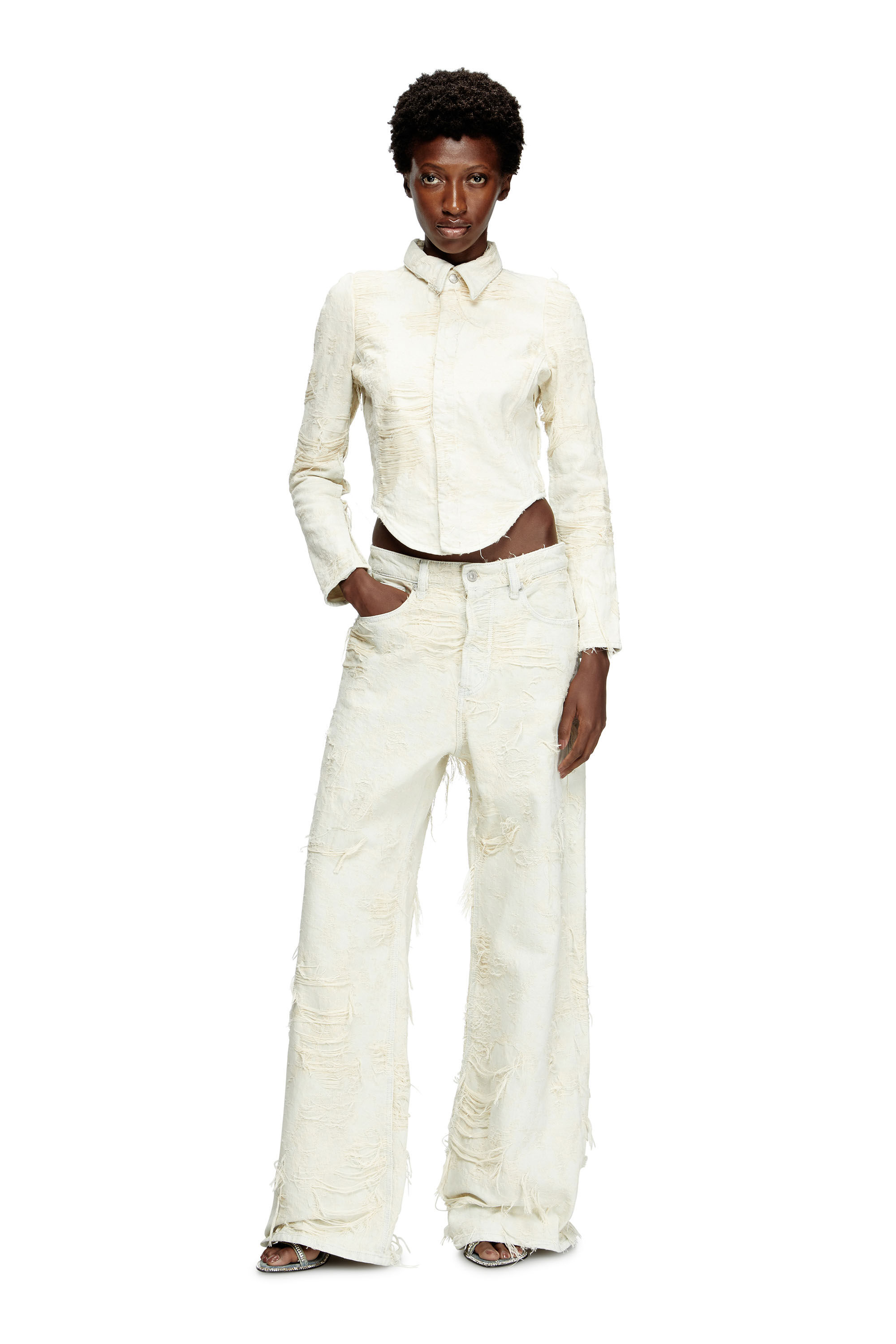 Diesel - DE-MADELINE-FSG, Camisa en denim jacquard con hilos flotantes Mujer in Blanco - 1