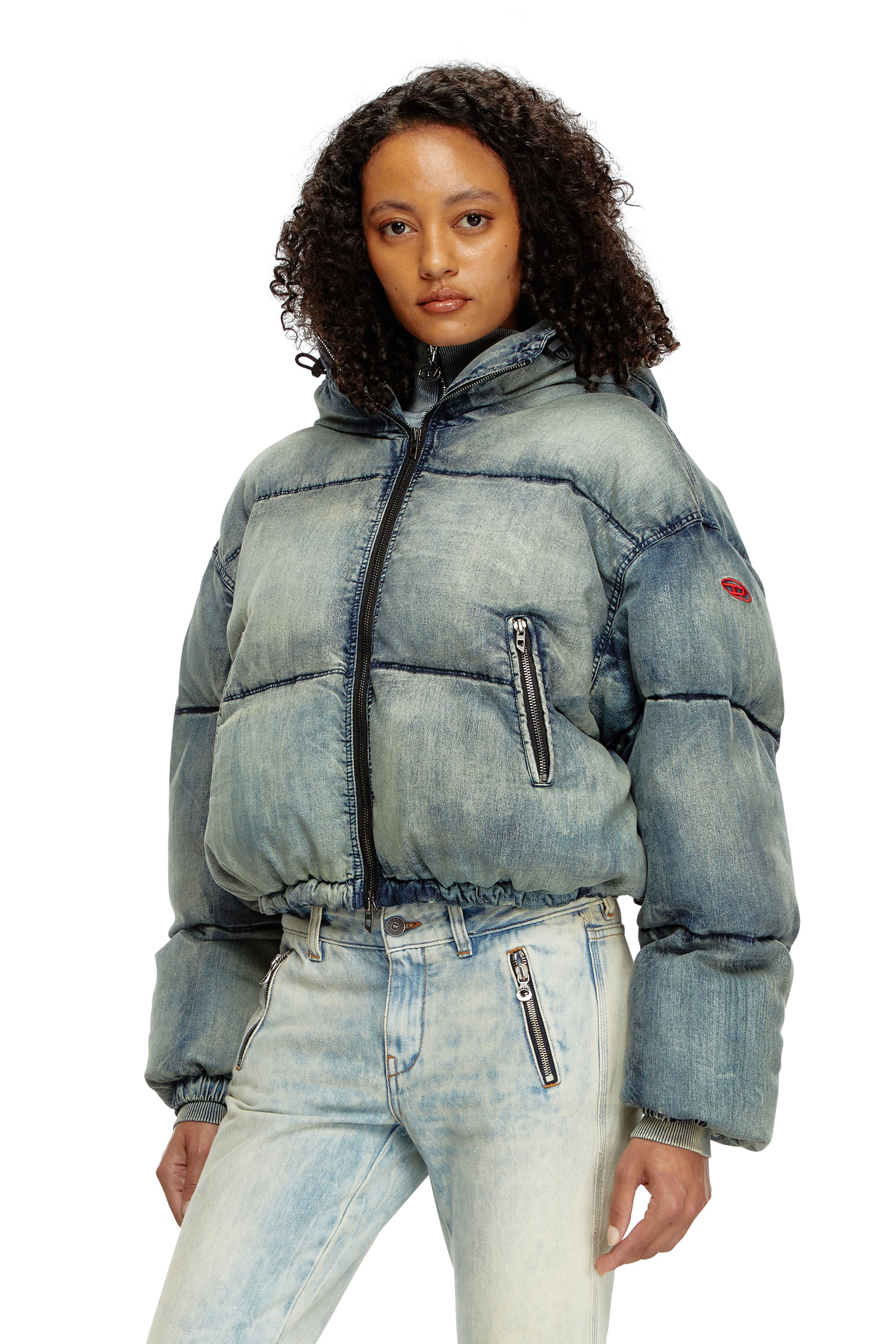 Diesel - W-AVES, Chaqueta puffer recortada con capucha de denim Mujer in Azul marino - 3