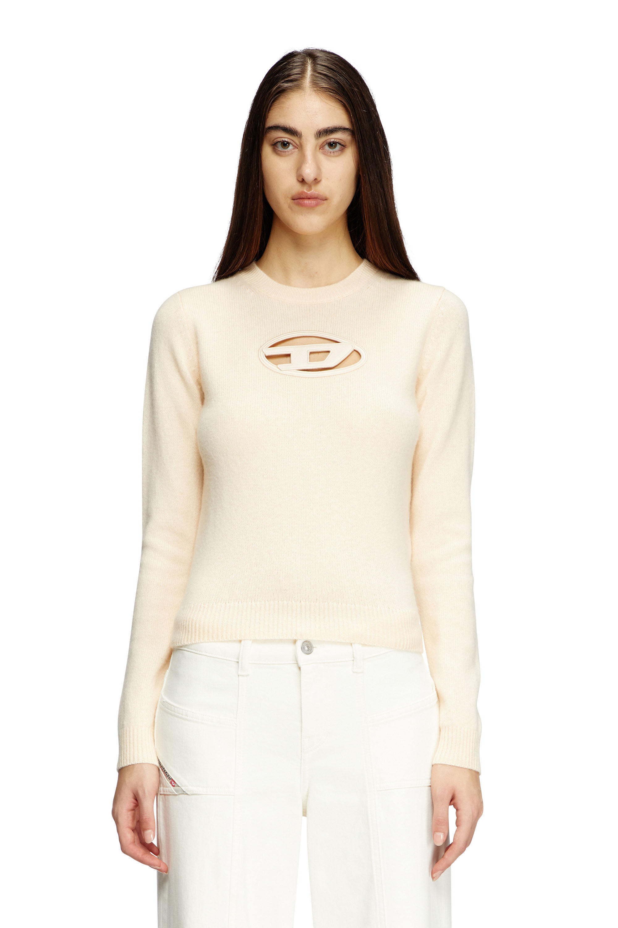 Diesel - M-AREESA-SLIM, Jersey de mezcla de cachemira con logotipo recortado Mujer in Beige - 3