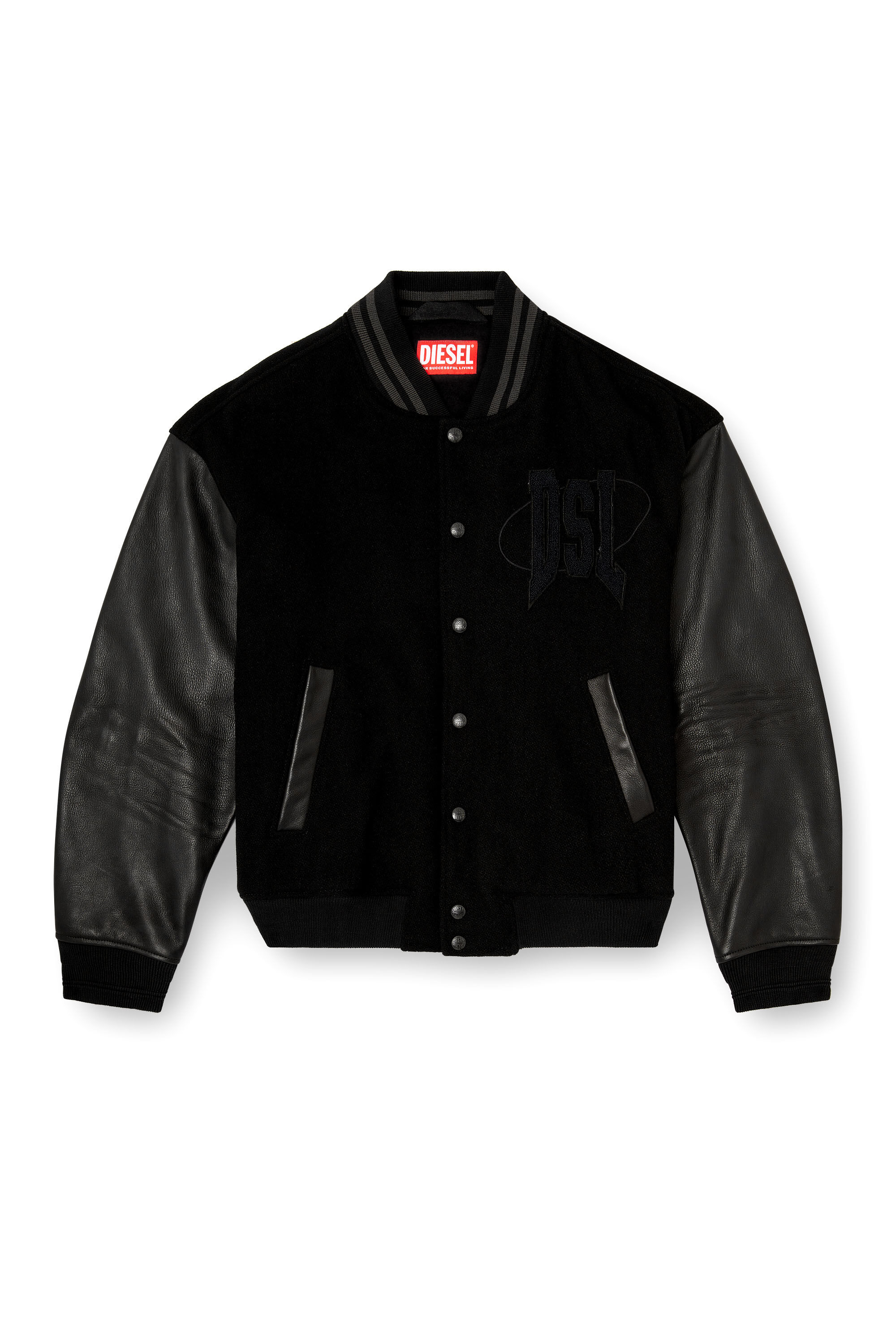 Diesel - L-NYMAN, Chaqueta bomber estilo universitario de algodón y cuero Hombre in Negro - 2