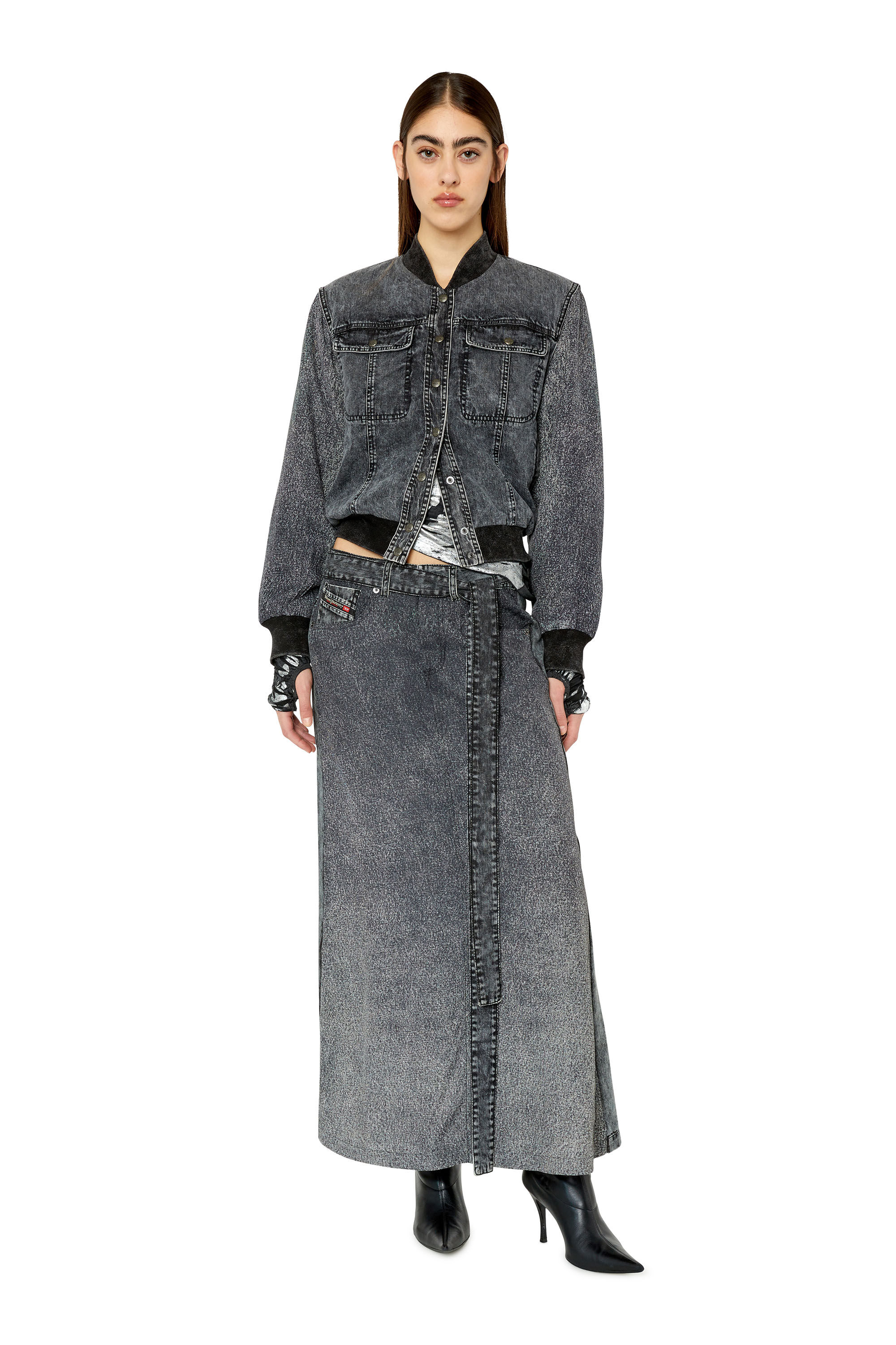 Diesel - O-TINA, Falda de sarga con estampado en denim de trampantojo Mujer in Negro - 1