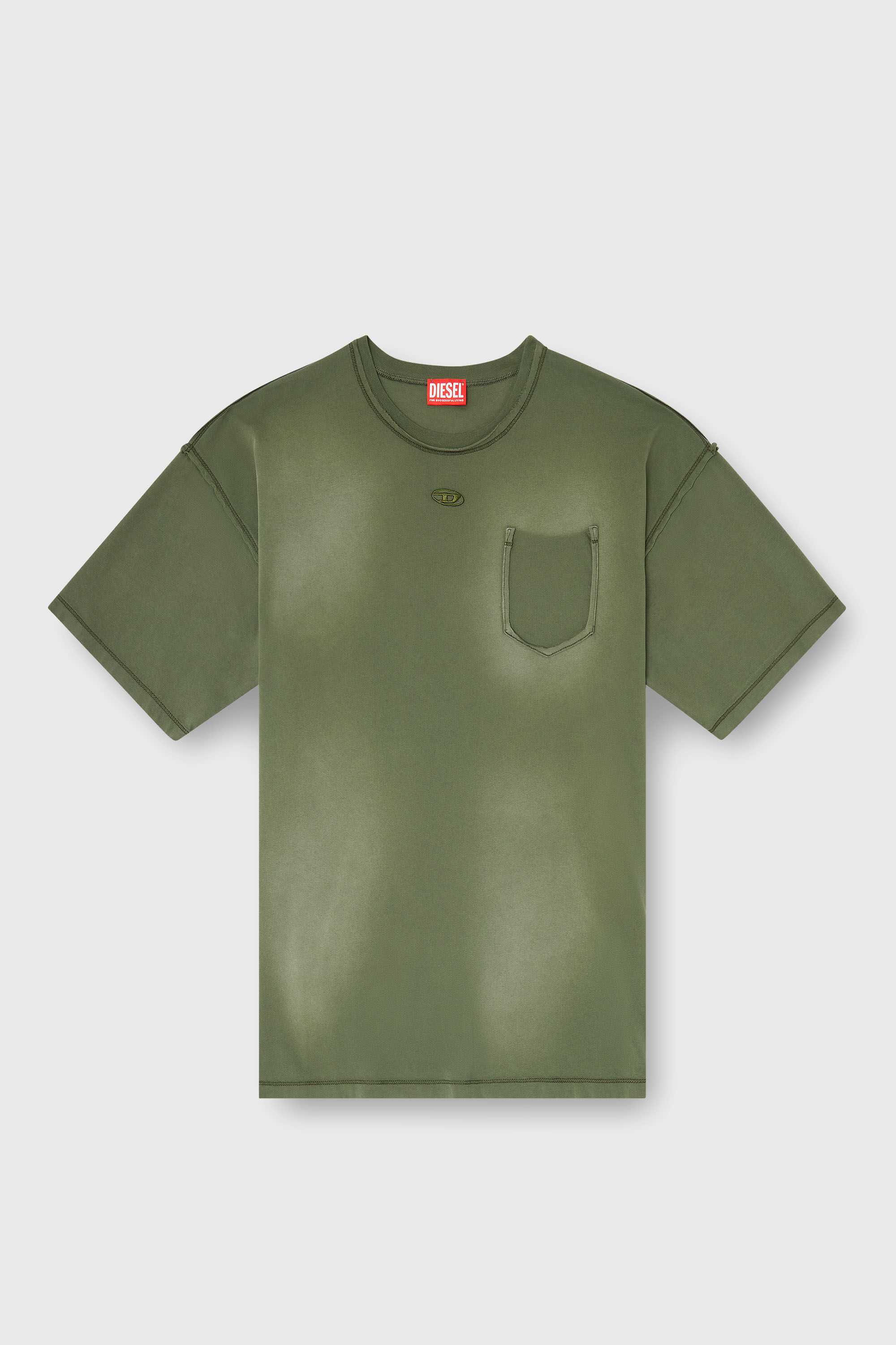 Diesel - T-POCK, Camiseta deslavada con bolsillo roto Hombre in Verde - 2