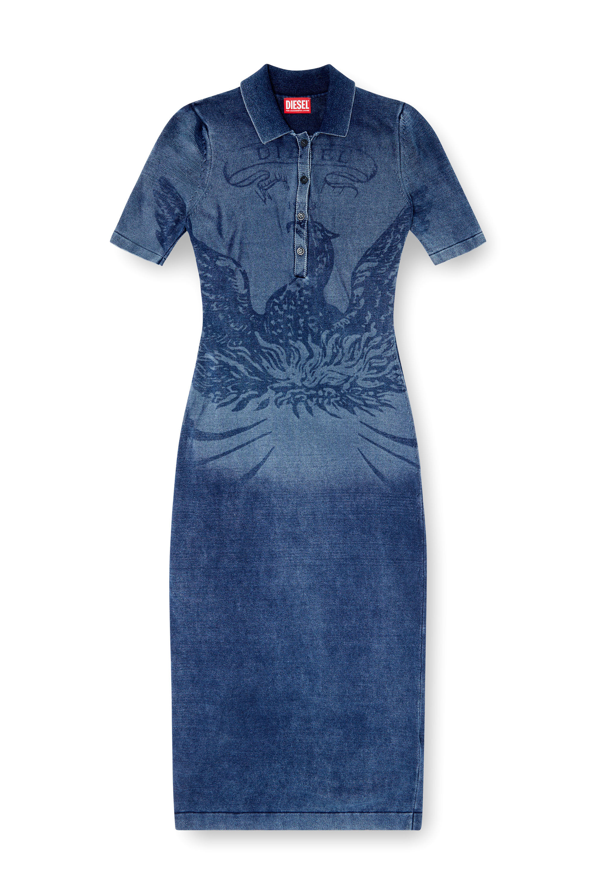 Diesel - M-FENNY-DRS, Vestido midi estilo polo en tejido de punto efecto denim Mujer in Azul marino - 2