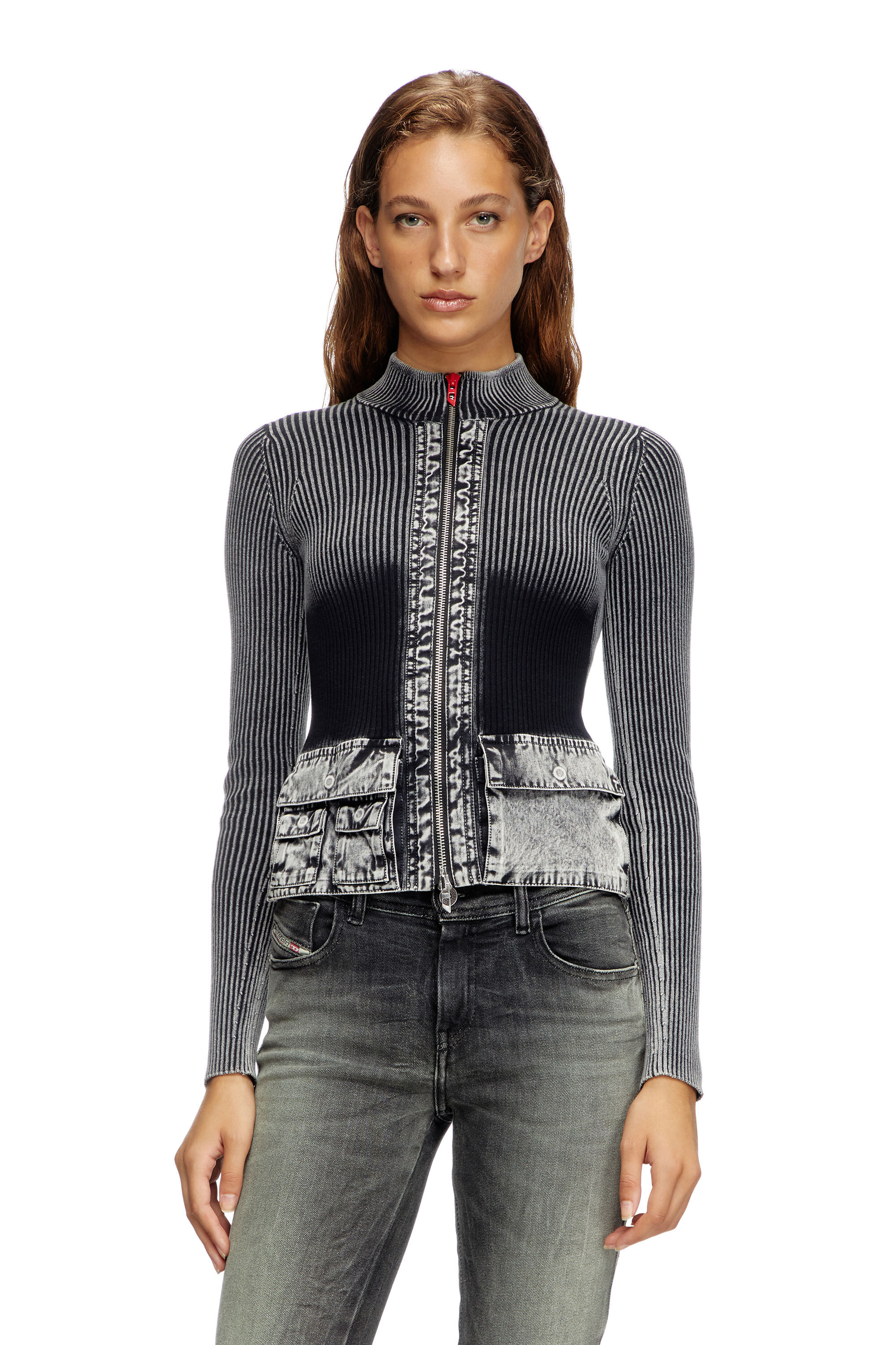 Diesel - M-MELISSA, Cárdigan con cremallera y bolsillos cargo de denim Mujer in Gris - 3