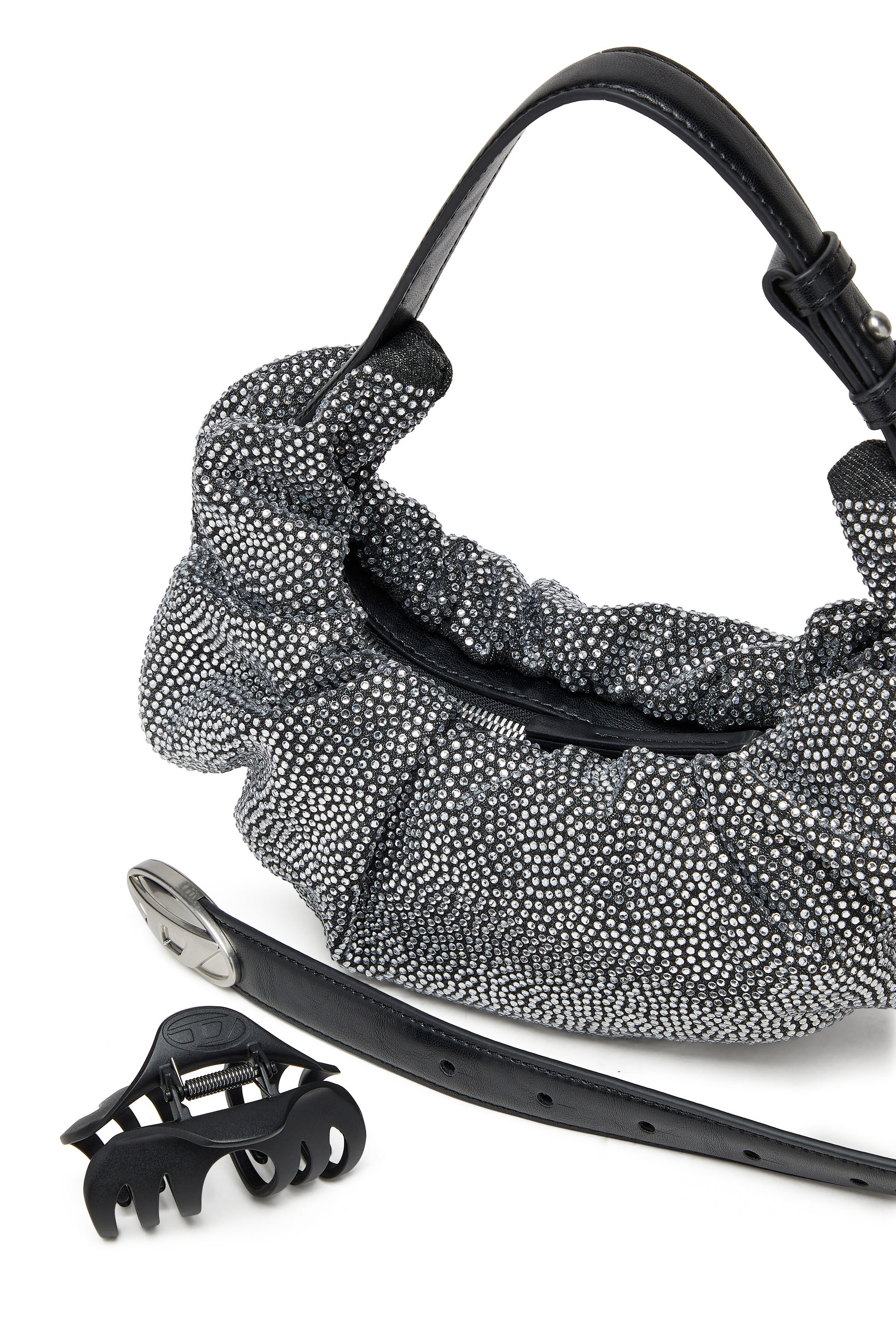 Diesel - GRAB-D HOBO S, Pequeño bolso hobo fruncido en denim con cristales Mujer in Negro - 2