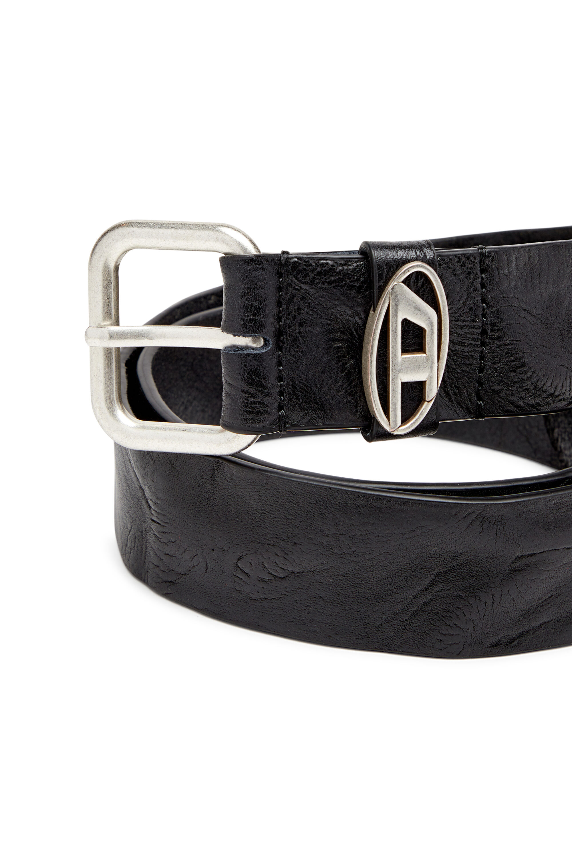 Diesel - B-1DR OVAL D LOOP, Cinturón de cuero arrugado con una placa con el logotipo Unisex in Negro - 3