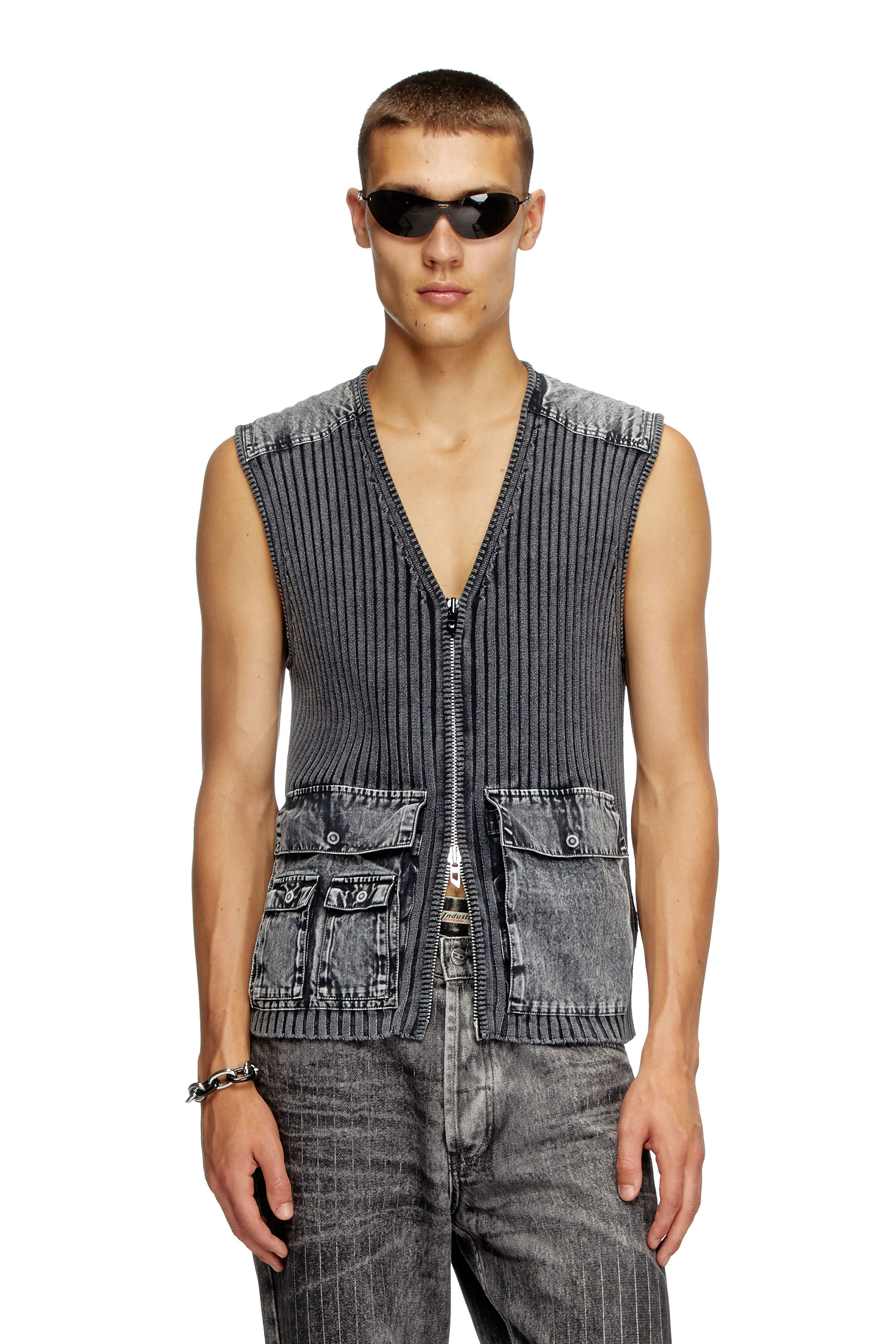 Diesel - K-MARGIE, Chaleco utilitario de tejido en canalé y denim Hombre in Gris - 3