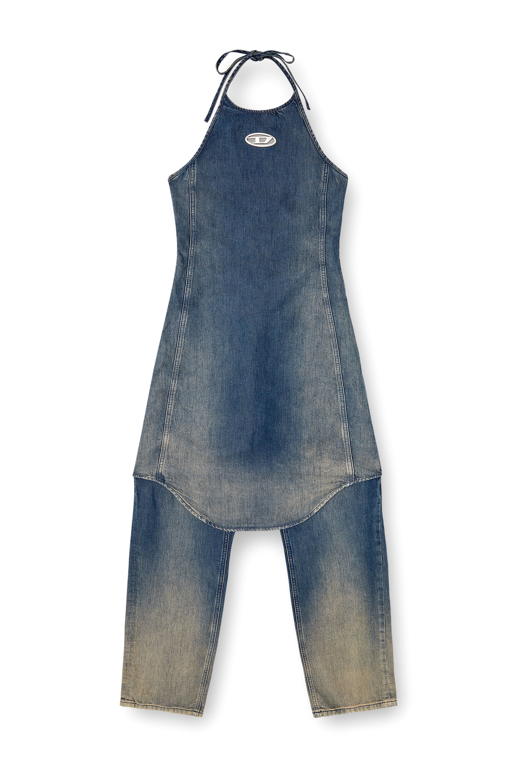 Diesel - DE-CYNTHIA-S, Mono con escote halter en denim fluido degradado Mujer in Azul marino - 2