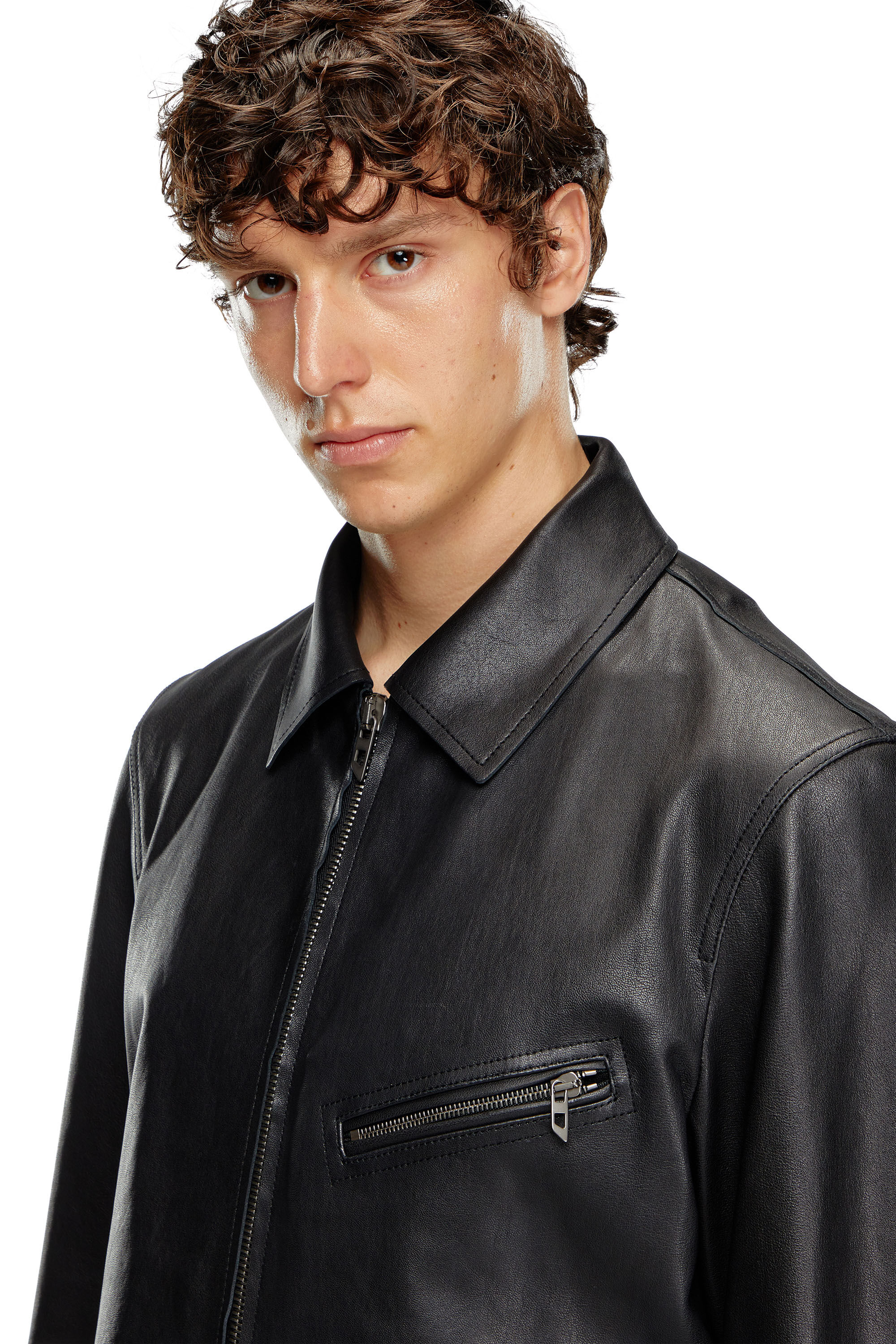 Men's Leather jacket with embossed Oval D | Black | Diesel