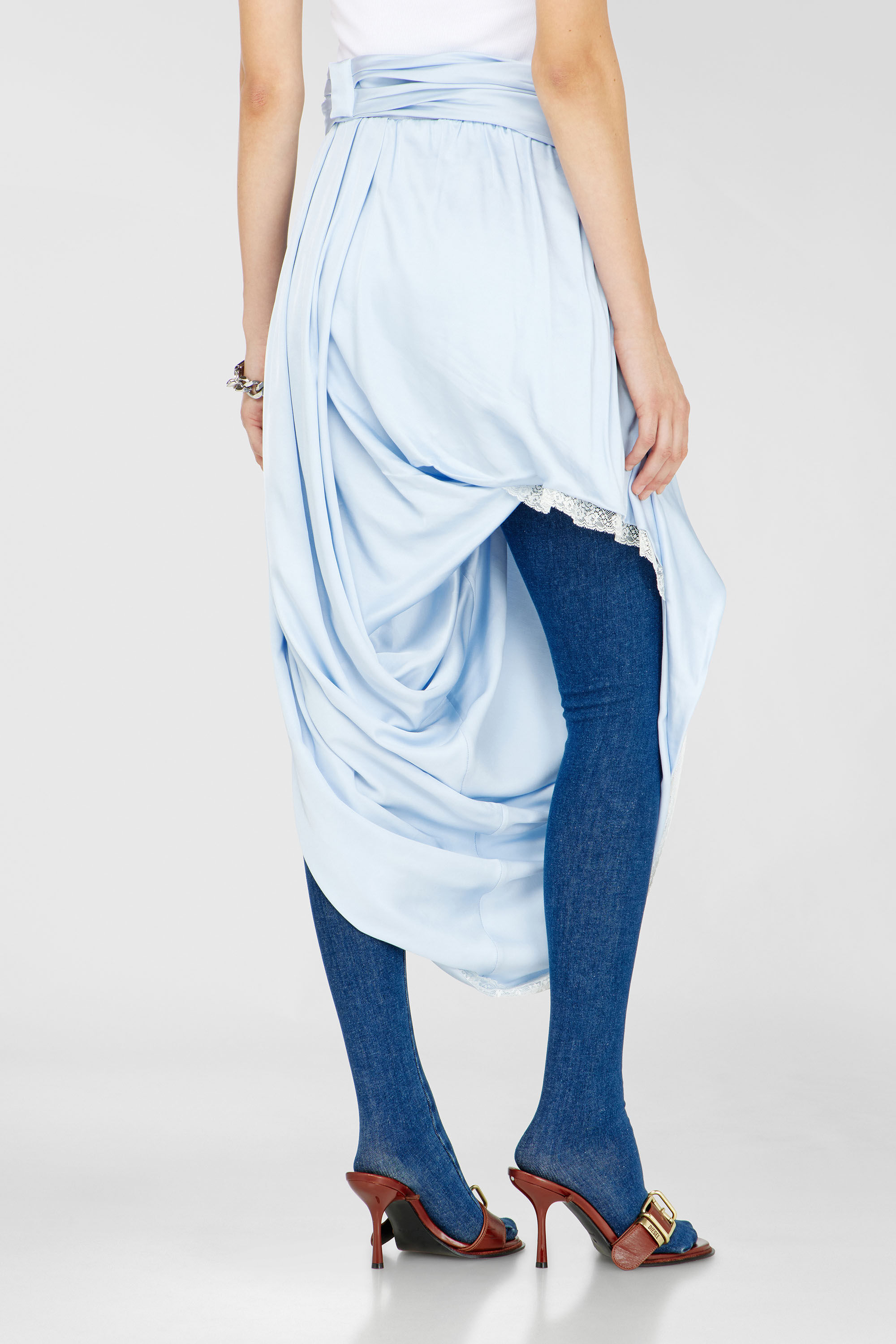 Diesel - O-WANDA, Falda midi de sat&eacute;n drapeada con encaje Mujer in Azul marino - 4