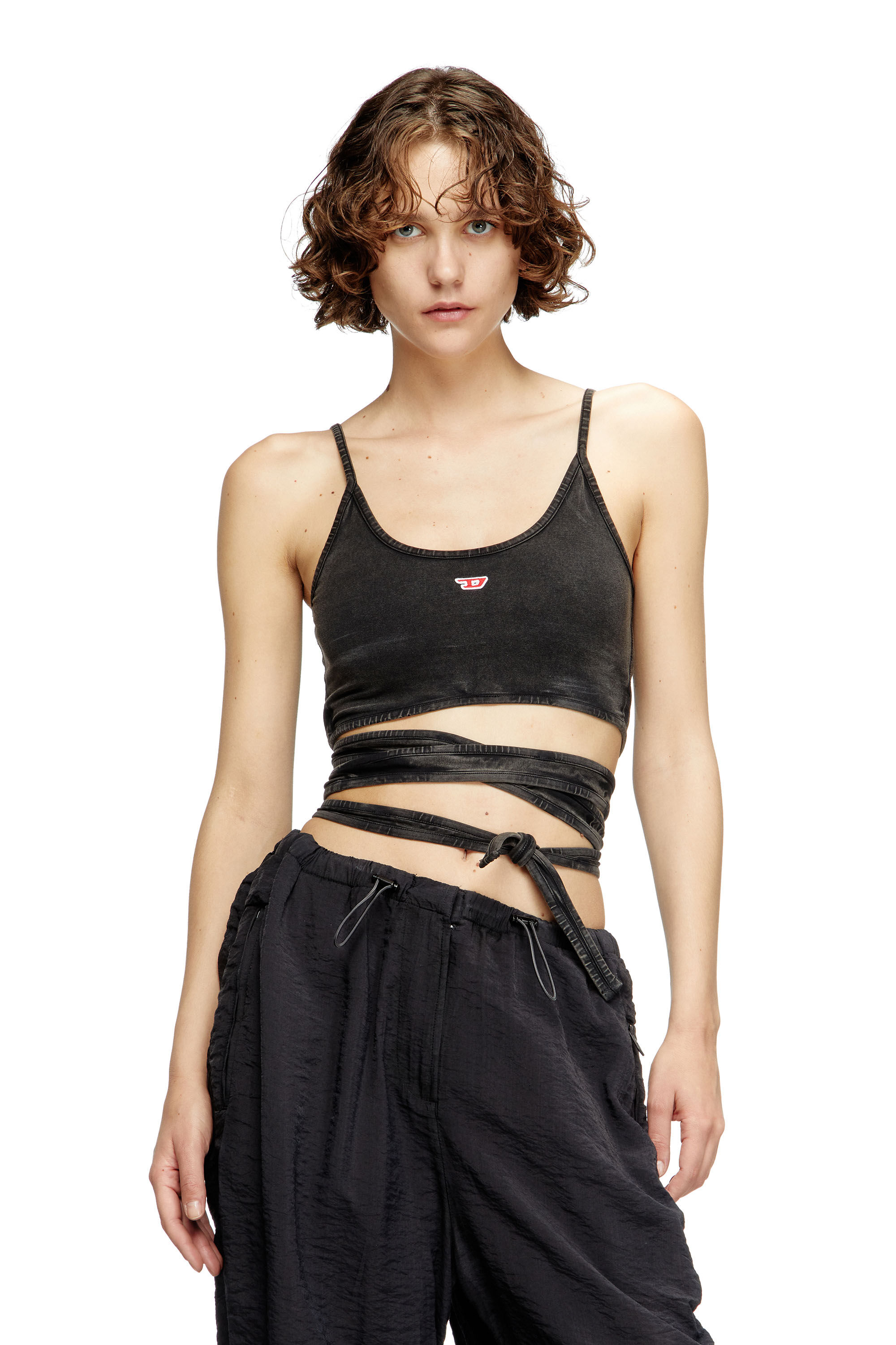 Diesel - T-LEYA-TAIL-R1, Top de aspecto denim con lazos envolventes Mujer in Negro - 3