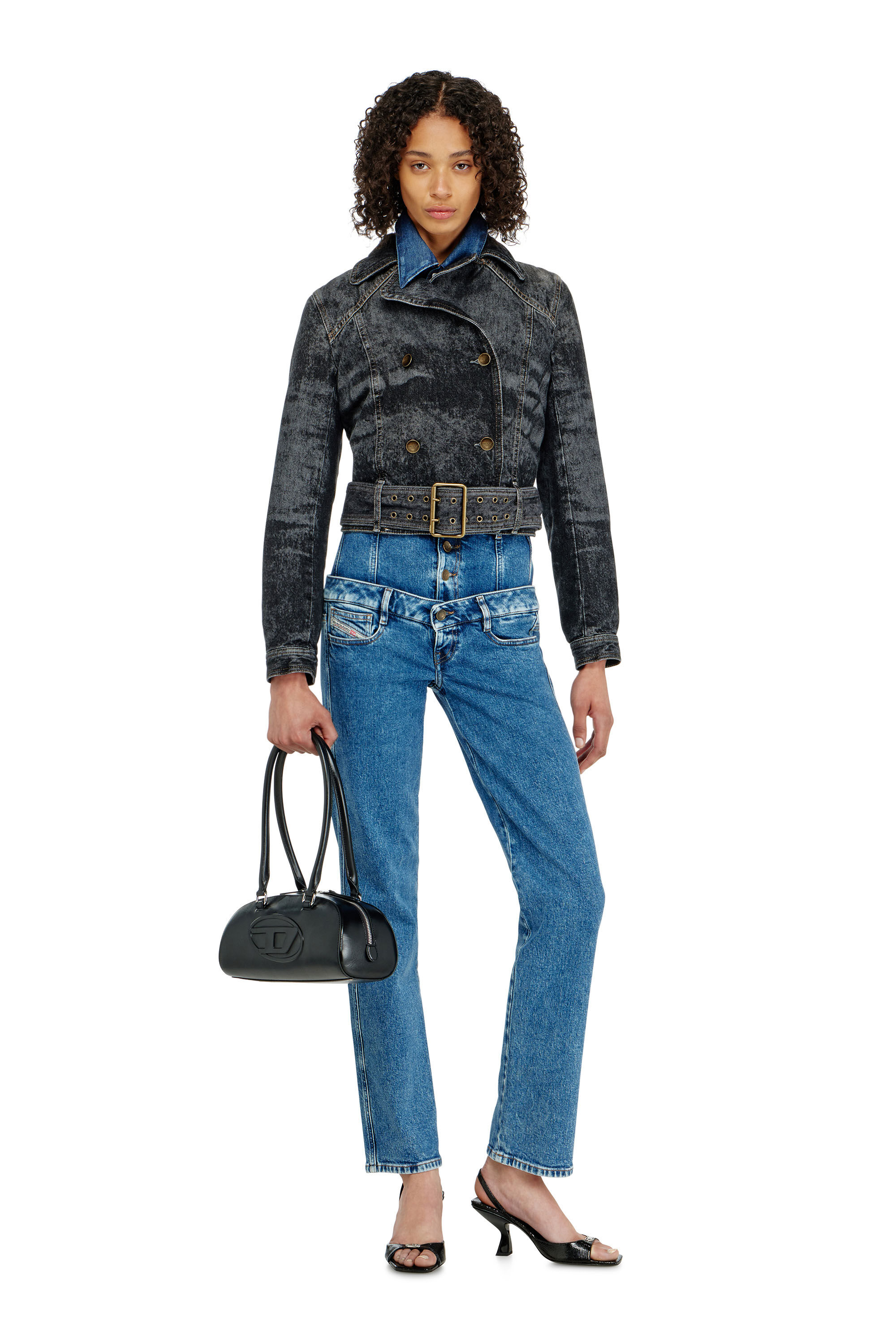 Diesel - DE-LEGEND-S, Chaqueta denim cropped con cintur&oacute;n Mujer in Negro - 1