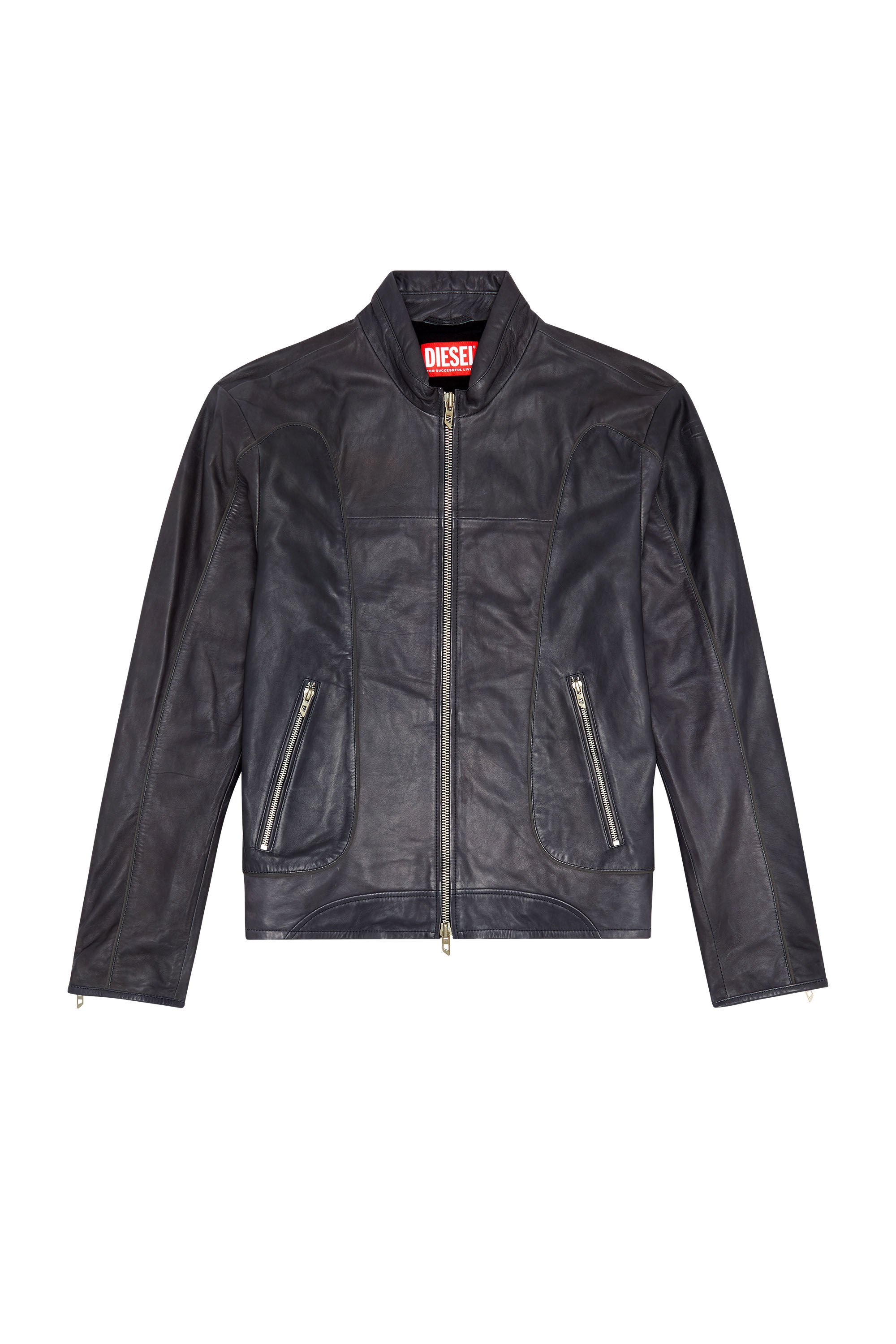 Diesel - L-KRIX, Man Leather biker jacket with piping in Black - Image 2