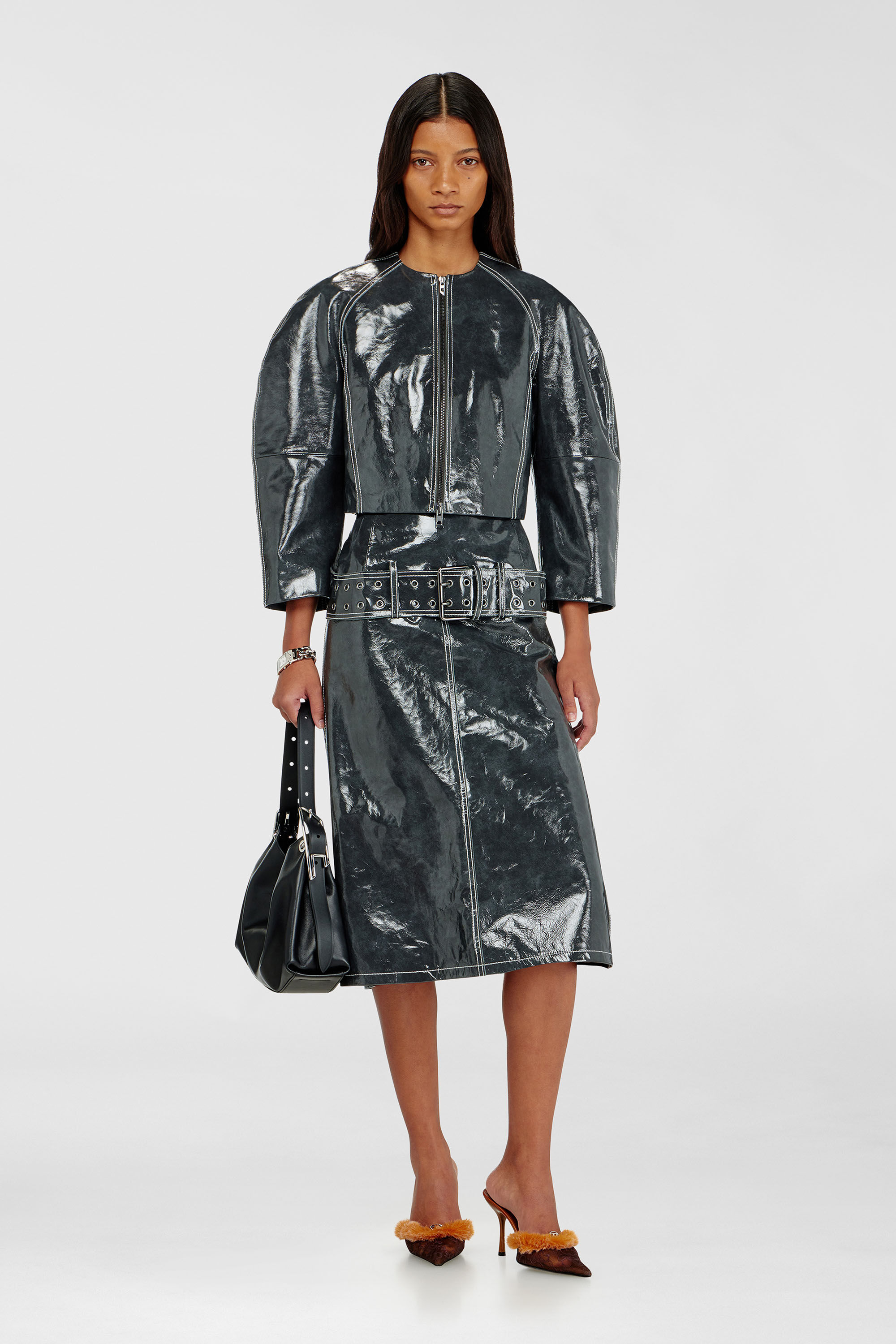 Diesel - L-ANDON, Chaqueta de charol con mangas tipo capullo Mujer in Gris - 1