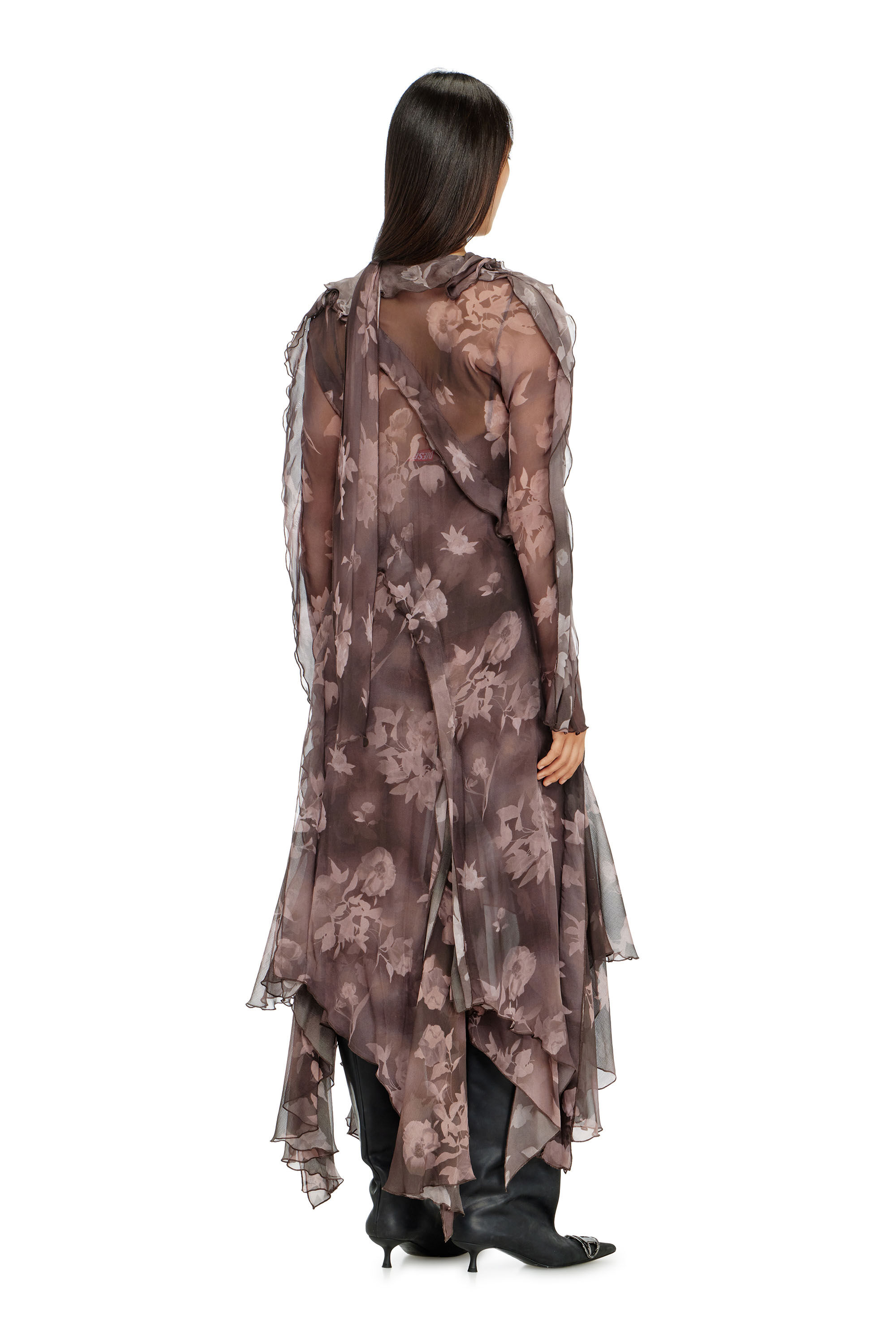 Diesel - D-RIADI, Vestido midi asim&eacute;trico de gasa y crep&eacute; de seda Mujer in Marr&oacute;n - 4