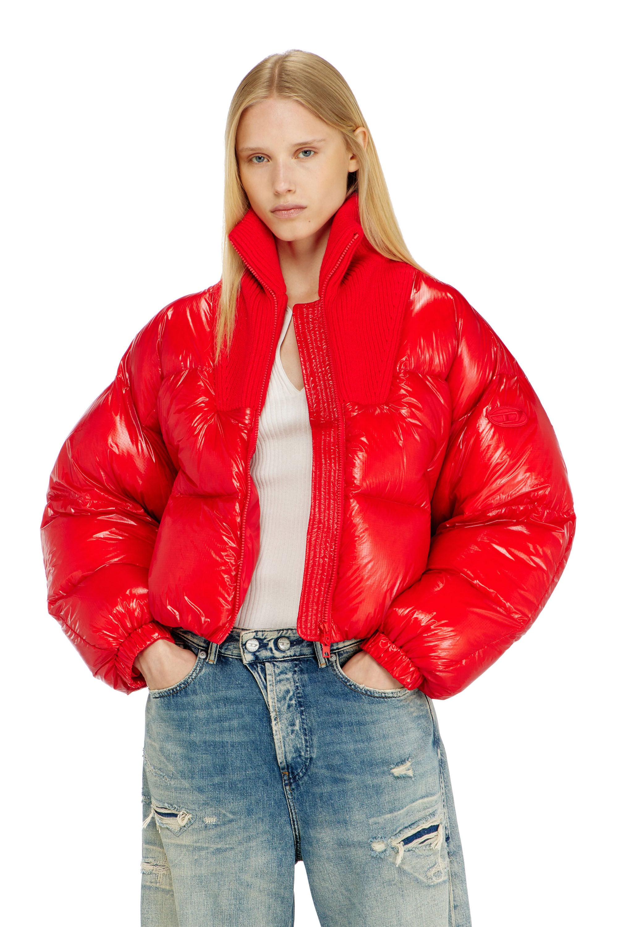 Diesel - W-ARRIOR, Chaqueta acolchada down en ripstop con cuello de punto Mujer in Rojo - 3