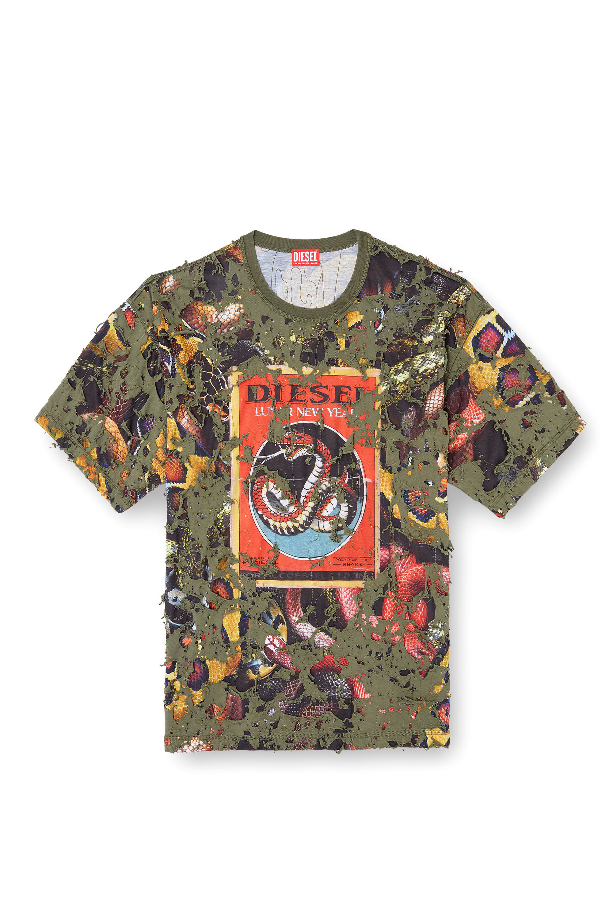 Diesel - CL-T-BOXT-DEVOR-SNAKE, Camiseta con estampado de serpiente y capa destruida Unisex in Verde - 2