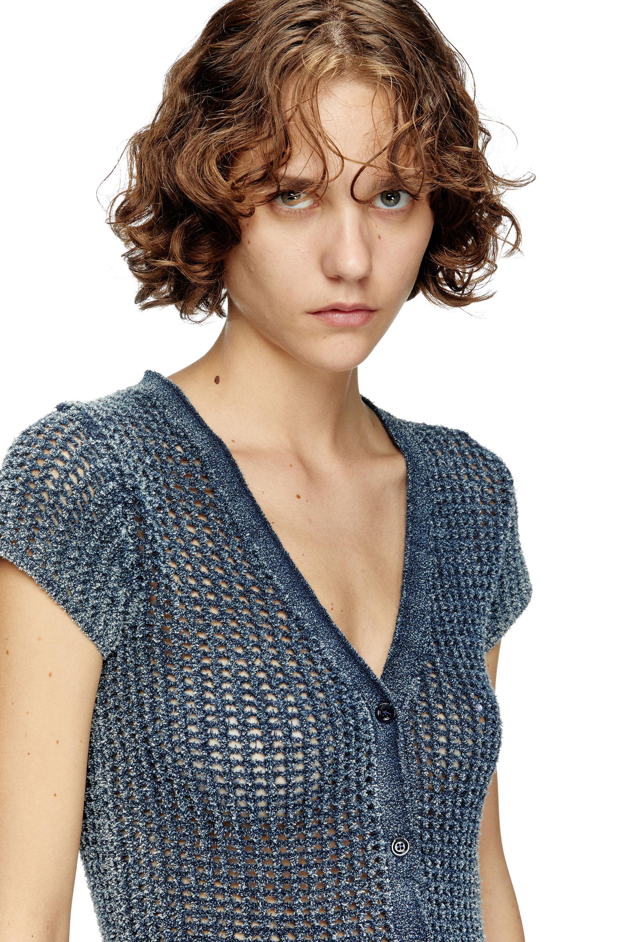 Diesel - M-REZ, Cárdigan de manga corta de punto de malla denim Mujer in Azul marino - 5