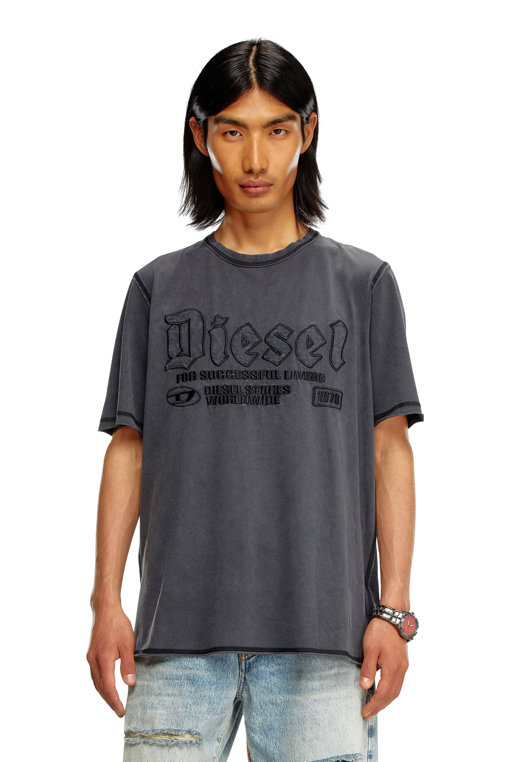 Diesel - T-RAWJUST, Hombre Camiseta desteñida con bordado a tono in Negro - Image 3