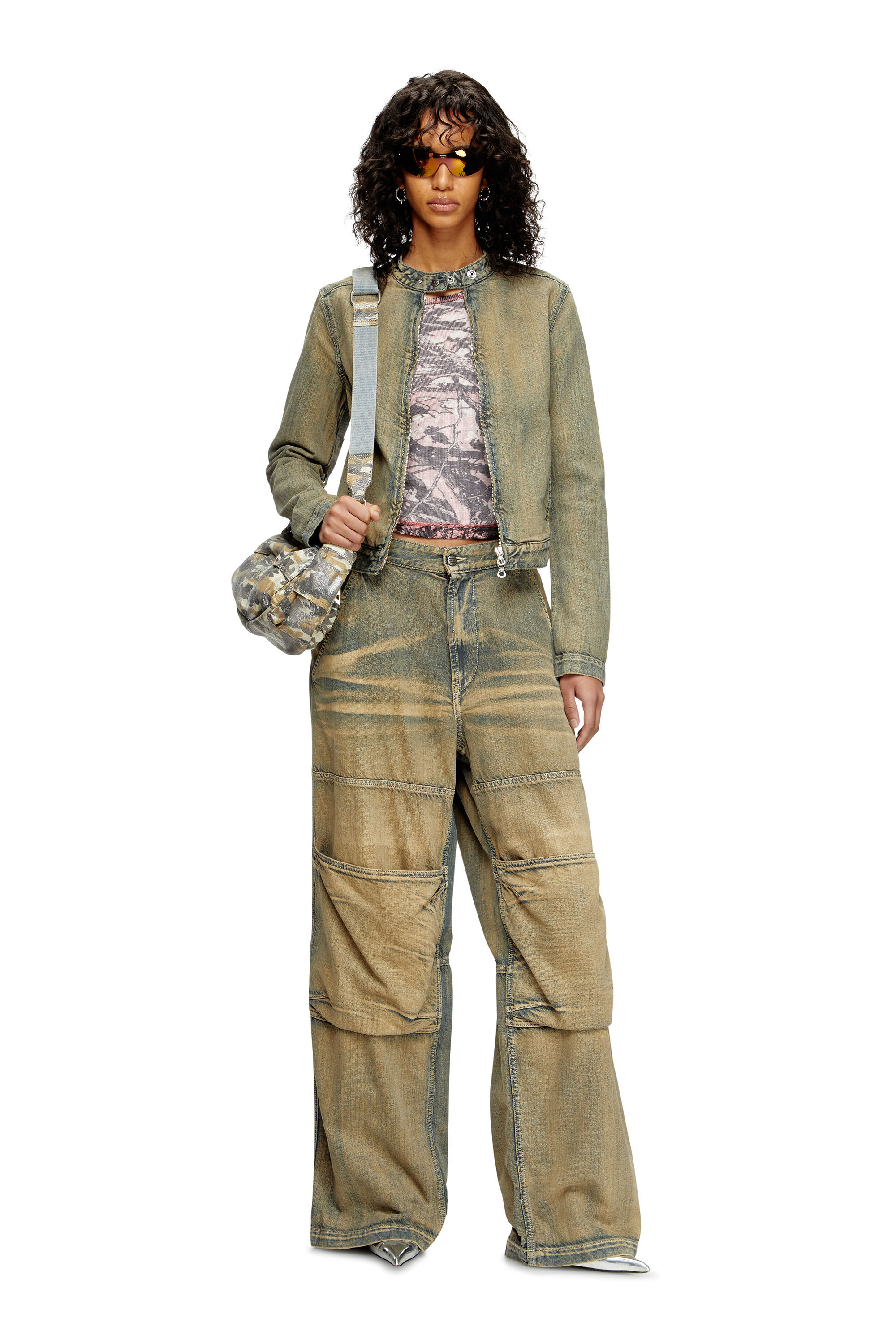 Diesel - DE-MORNIN, Chaqueta motera en denim cepillado dorado Mujer in Azul marino - 1