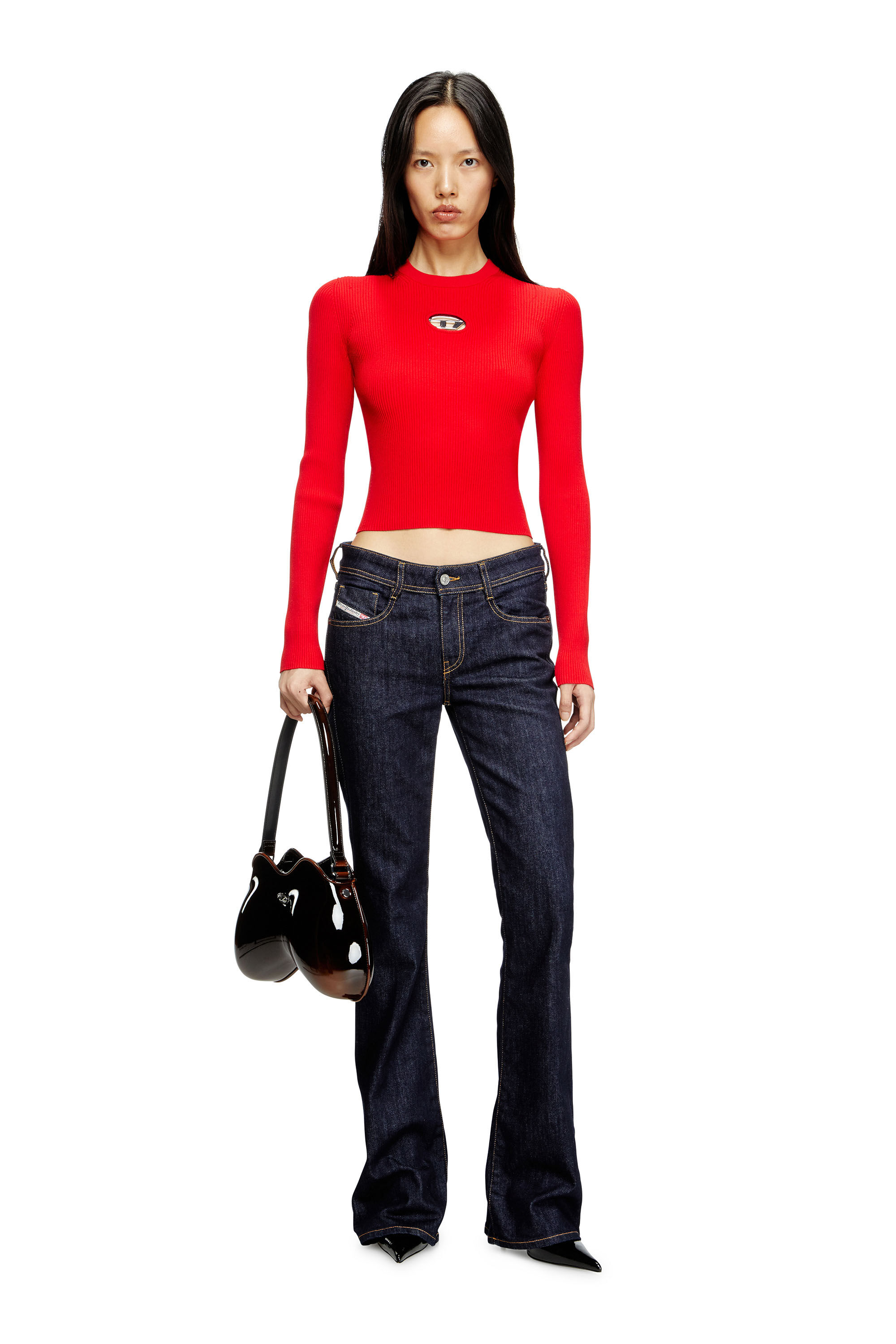 Diesel - M-VALARI, Top de mezcla de viscosa tejido en canalé con Oval D Mujer in Rojo - 1