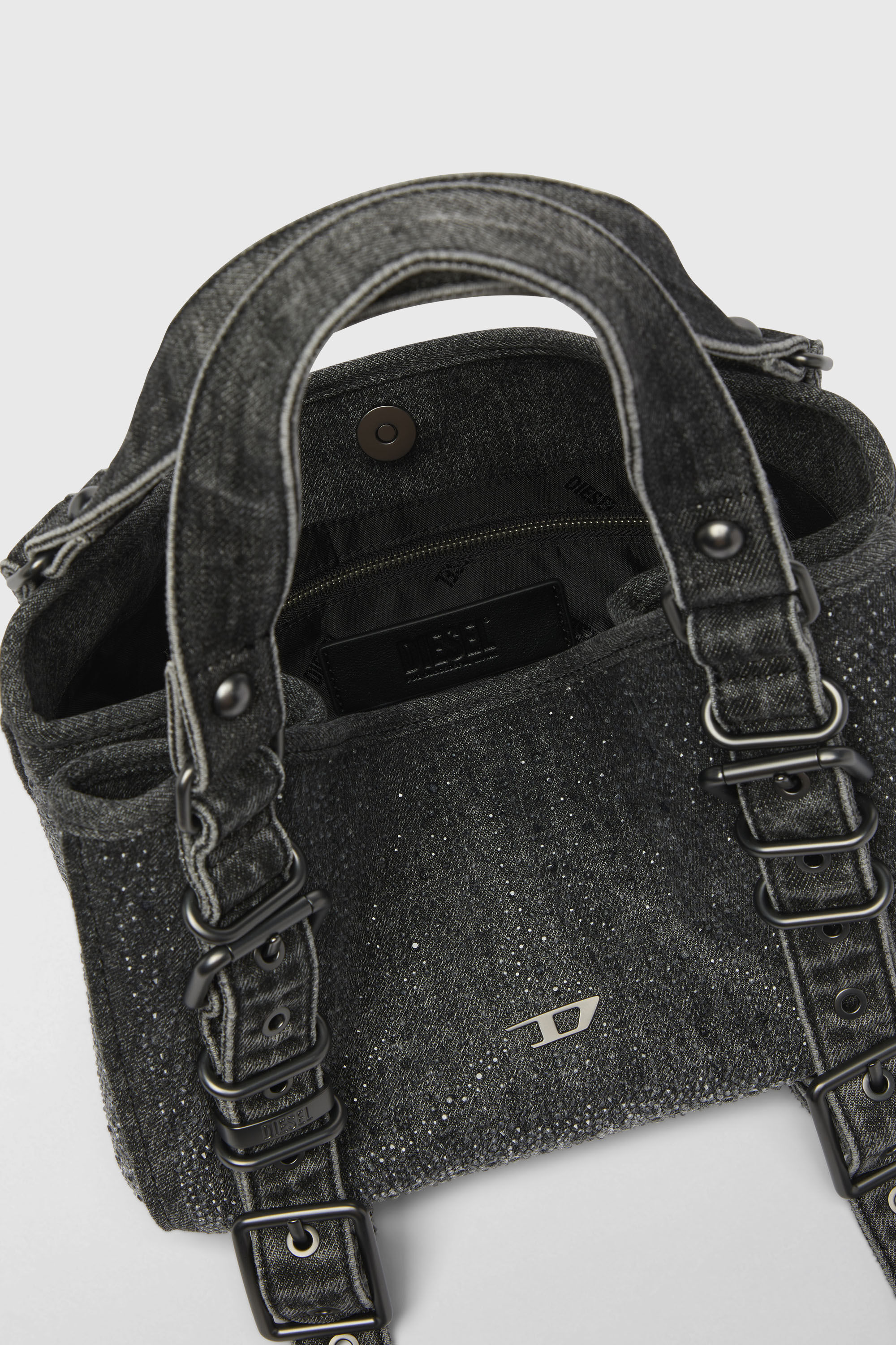 Diesel - D-ONE TOPHANDLE S, Woman's D-One-Small top-handle bag in crystal solarised denim in Black - 6