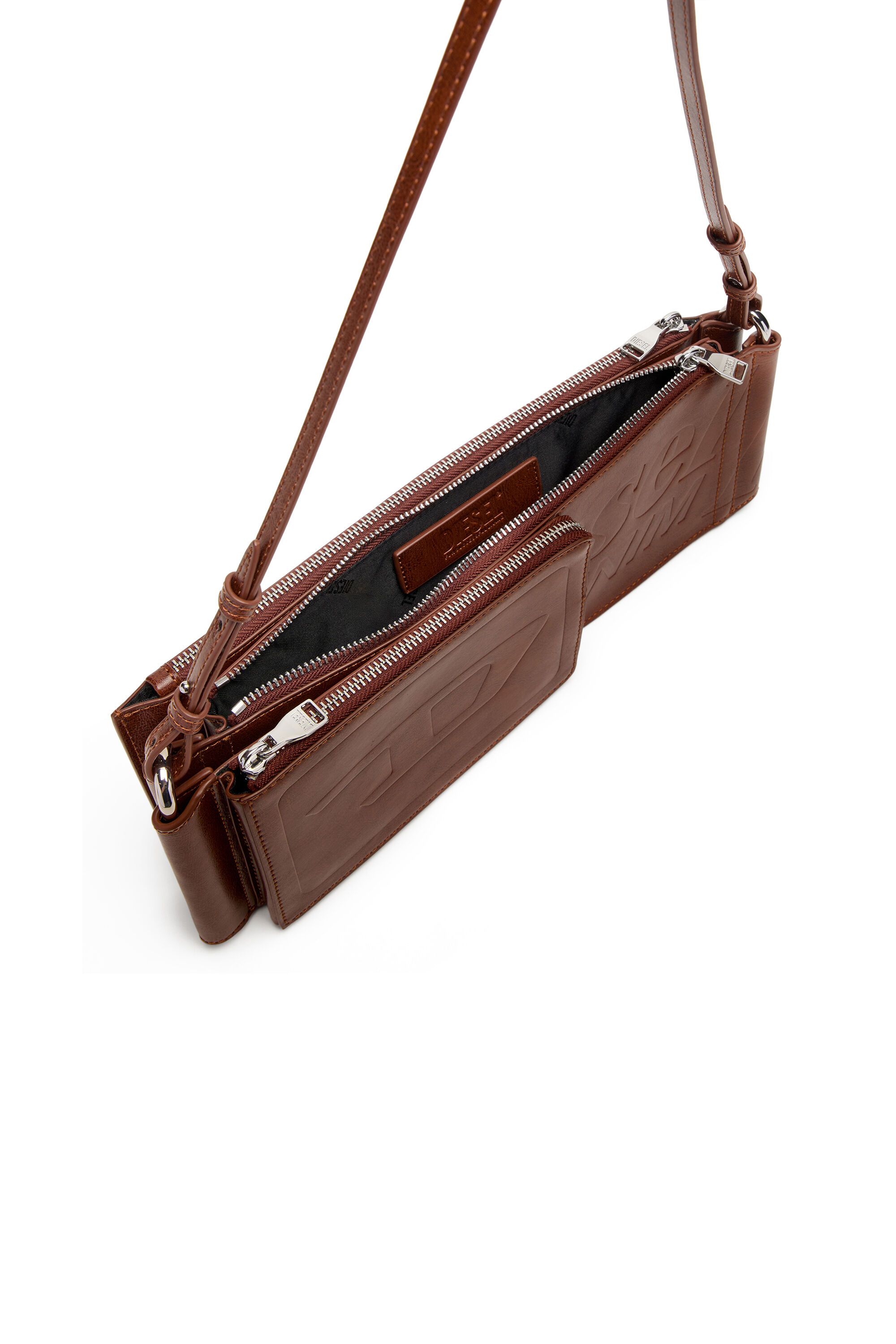 Diesel - FLAG-D SHOULDER BAG X, Flag-D-Bandolera modular con logo en relieve y lavado oscuro Unisex in Marr&oacute;n - 3