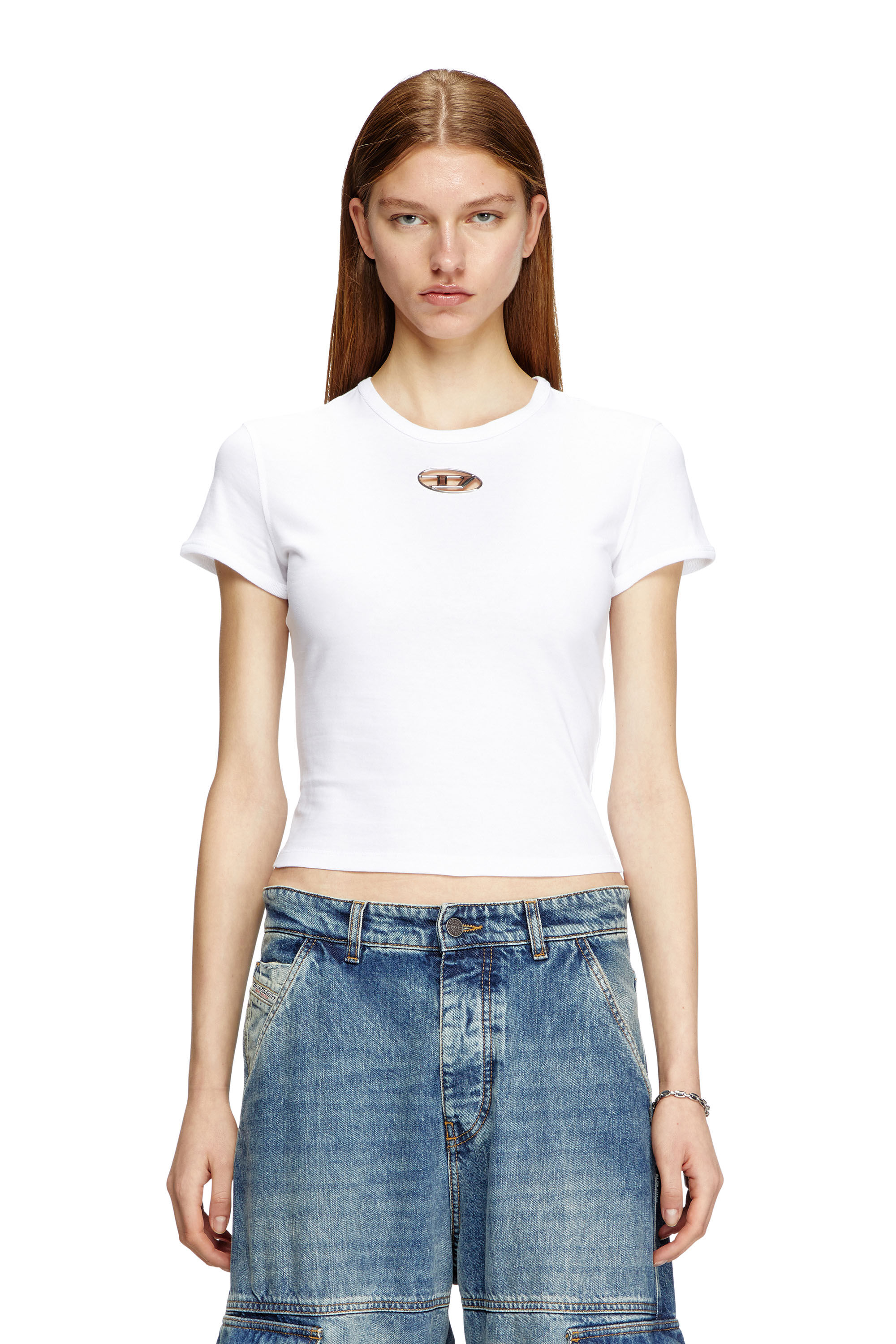 Diesel - T-UNCUTIE-LONG-OD-Q1, Camiseta de fit entallado con logotipo Oval D recortado Mujer in Blanco - 3