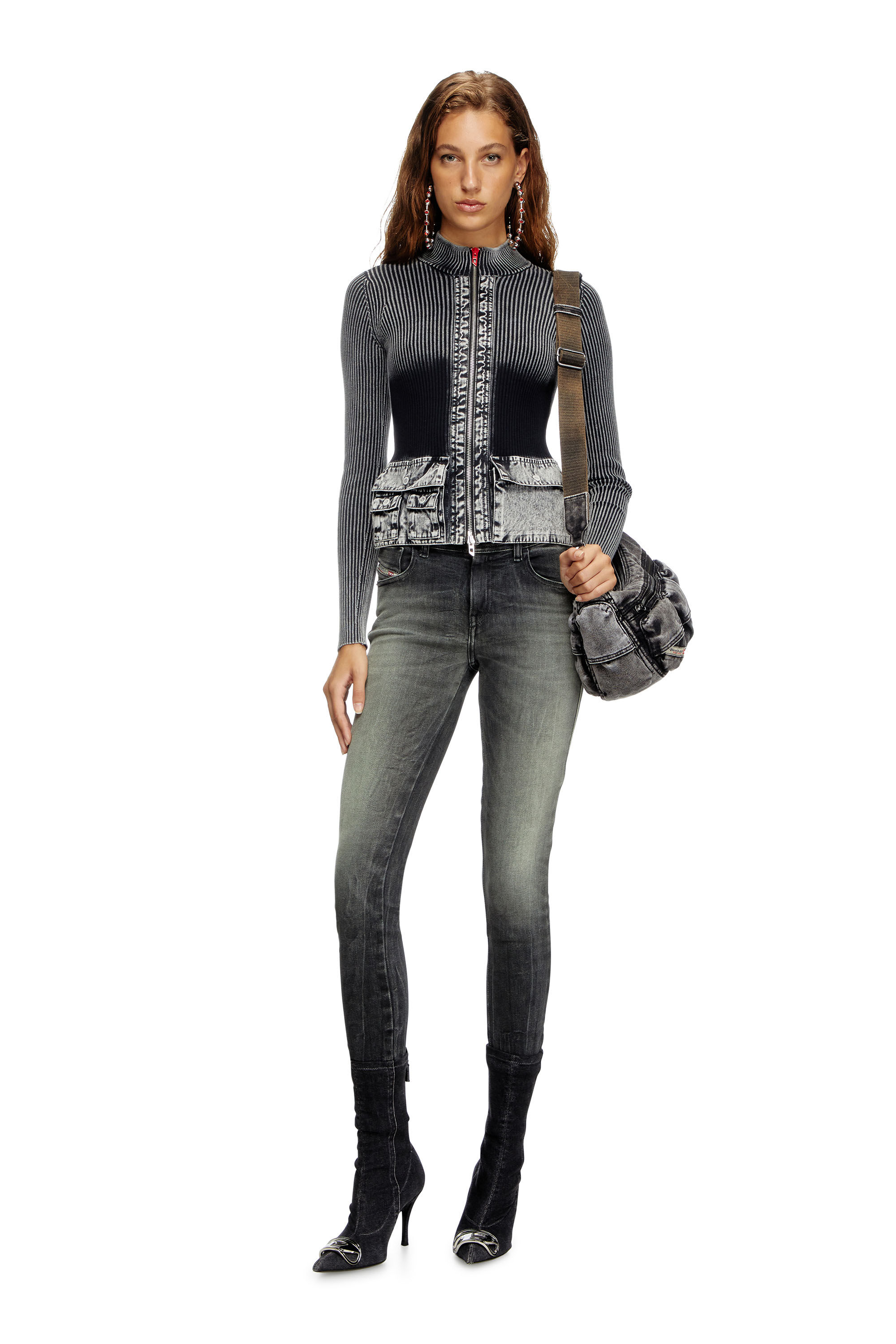 Diesel - M-MELISSA, Cárdigan con cremallera y bolsillos cargo de denim Mujer in Gris - 1