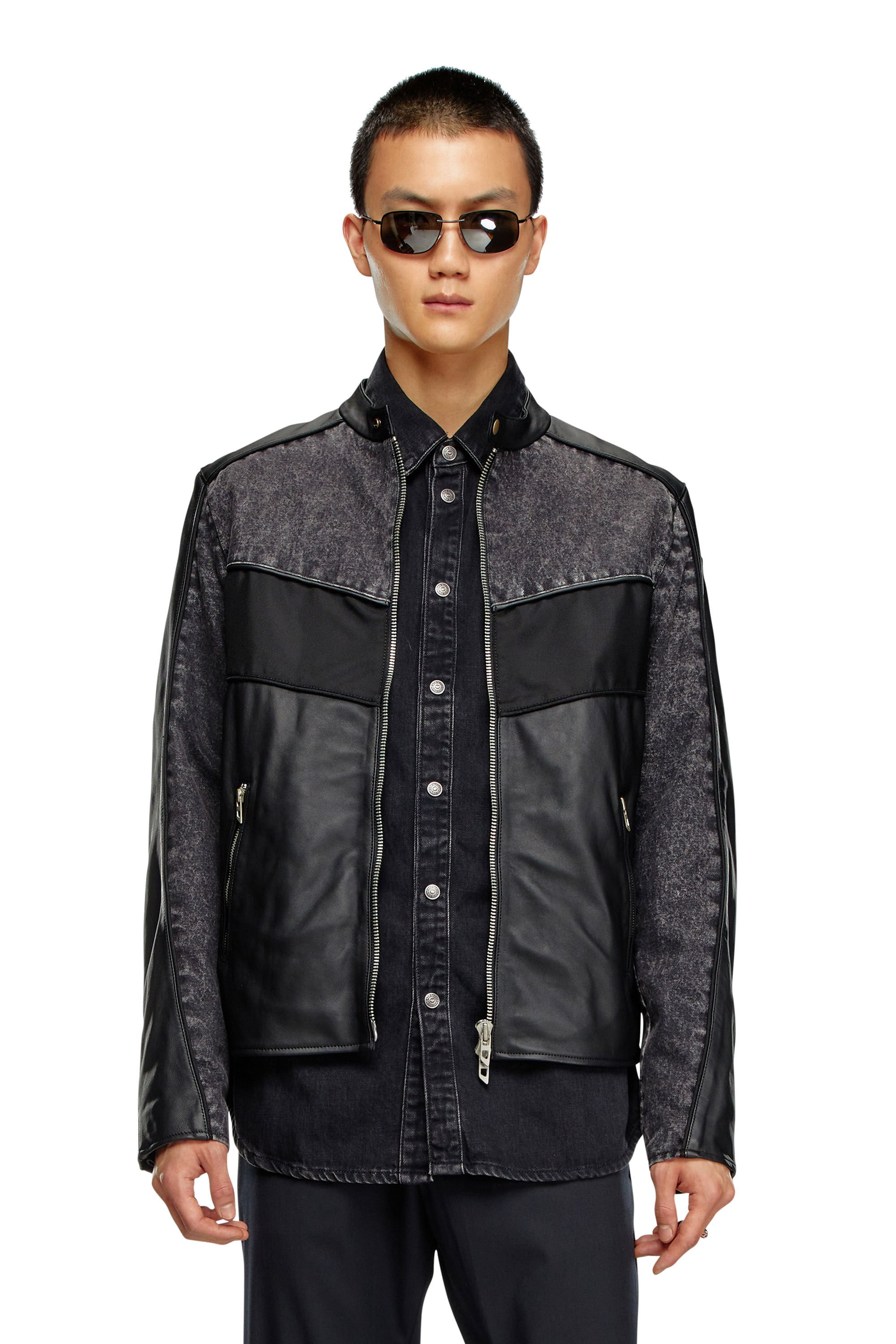 Chaqueta de cuero con paneles de denim y tejido impermeable Hombre | Negro  | Diesel