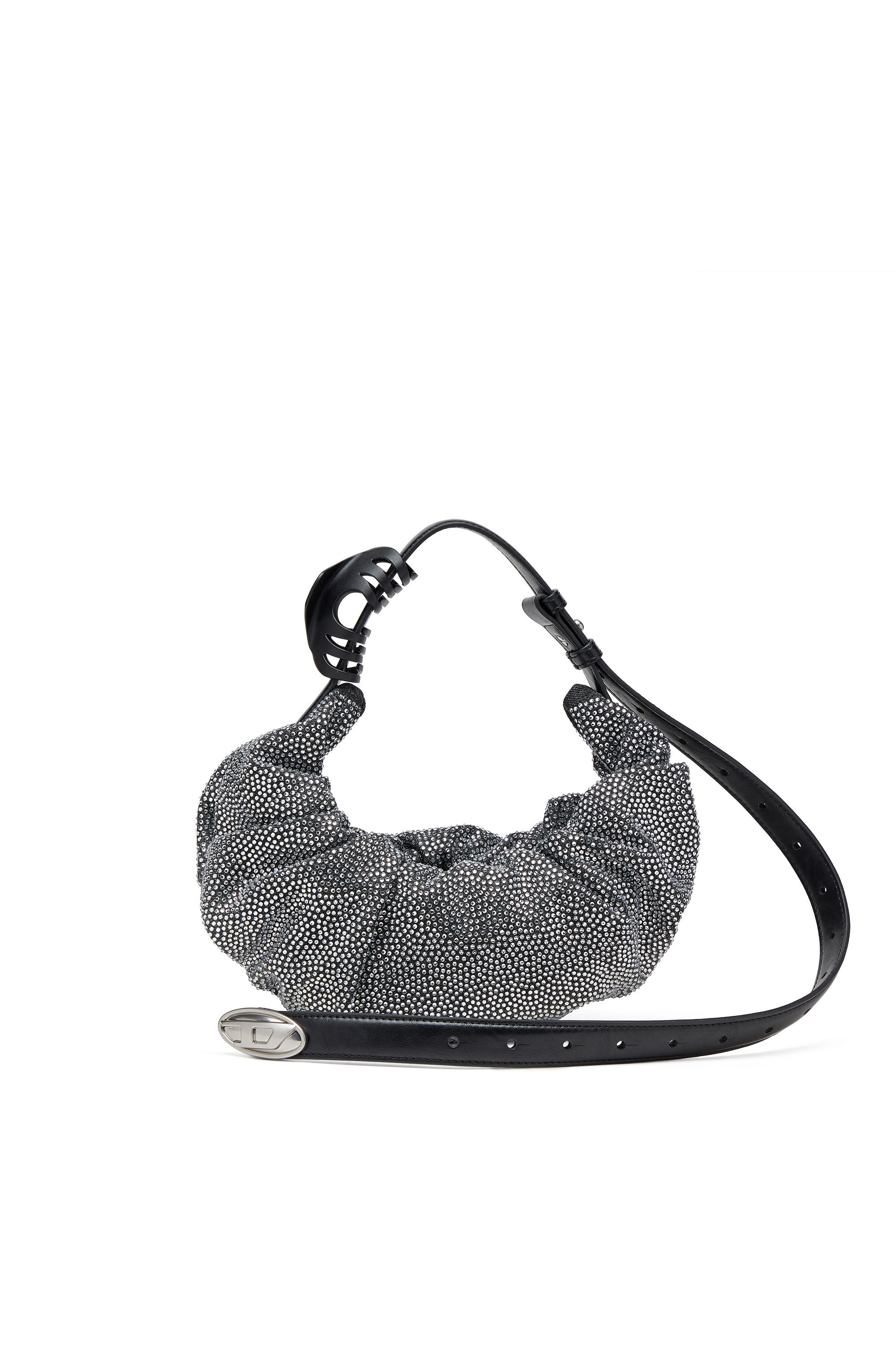 Diesel - GRAB-D HOBO S, Pequeño bolso hobo fruncido en denim con cristales Mujer in Negro - 1