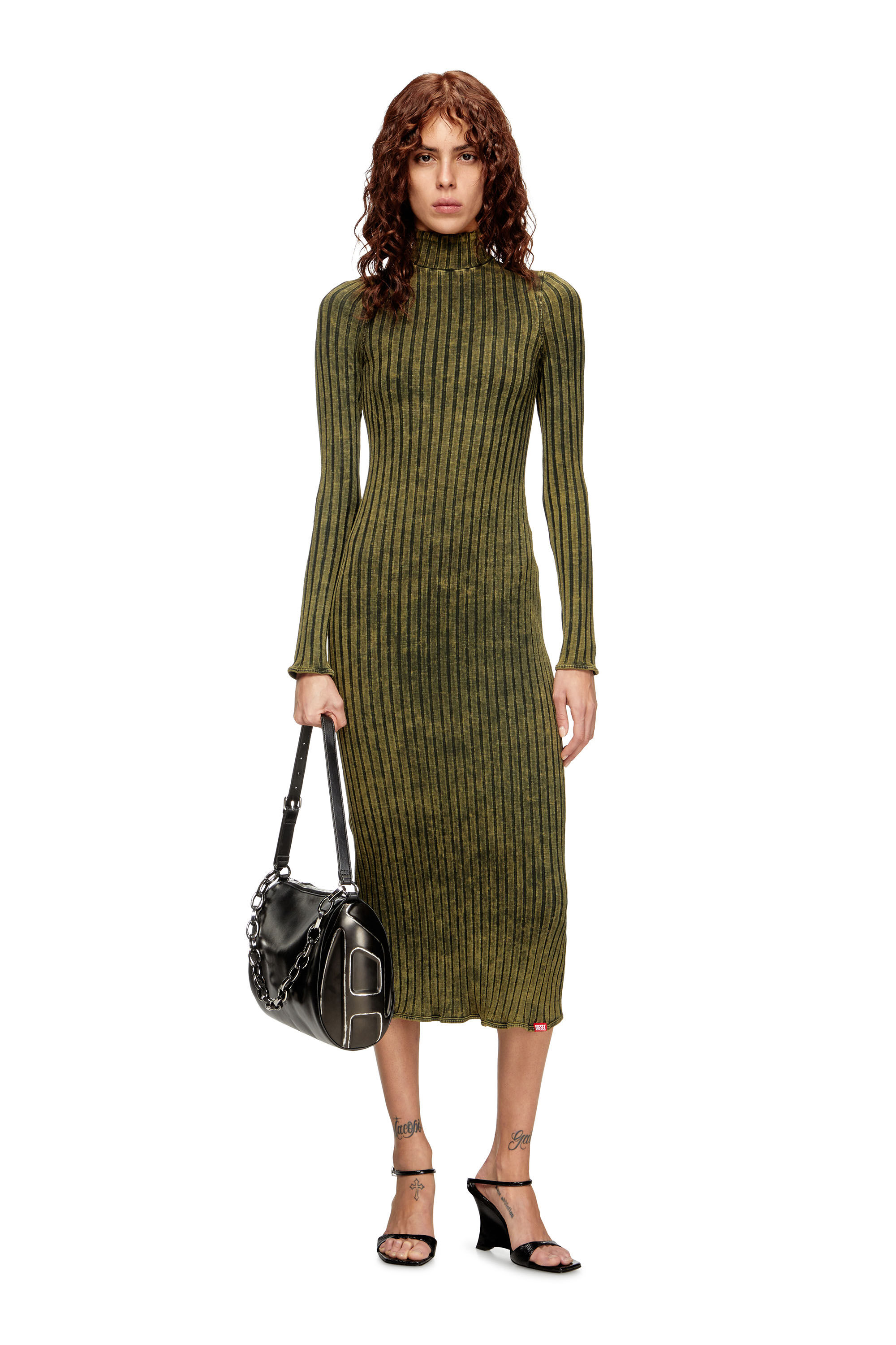 Diesel - D-WAVYA, Vestido midi en jersey de canalé ancho tratado Mujer in Verde - 1