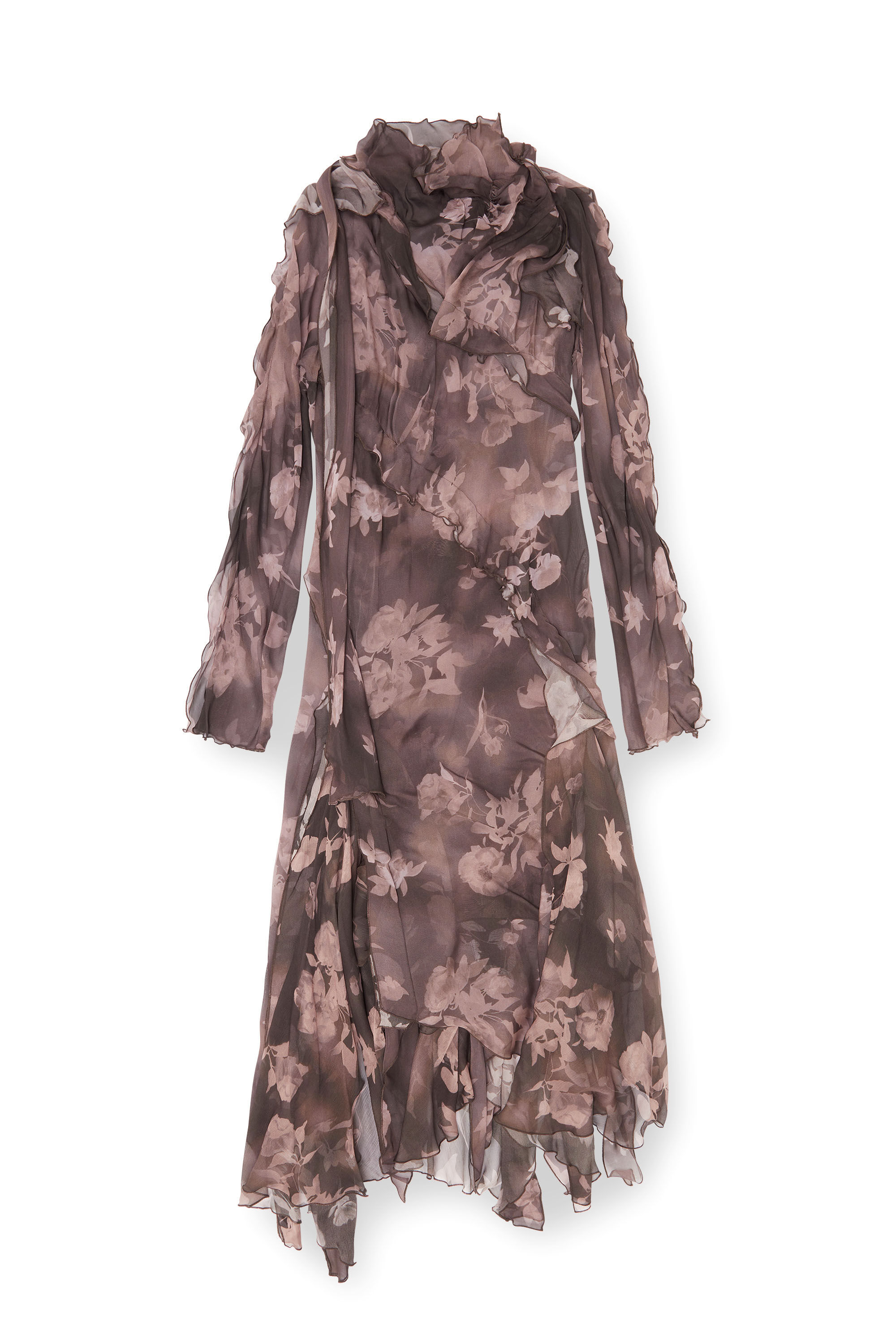 Diesel - D-RIADI, Vestido midi asim&eacute;trico de gasa y crep&eacute; de seda Mujer in Marr&oacute;n - 2